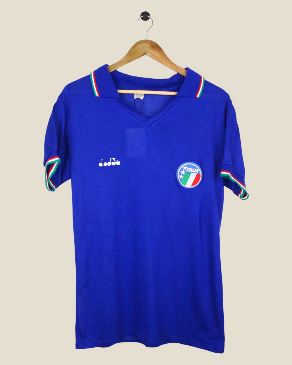 Kick Off Vintage 1990 Italy home football shirt in blue with Diadora branding and Italian flag collar trim
