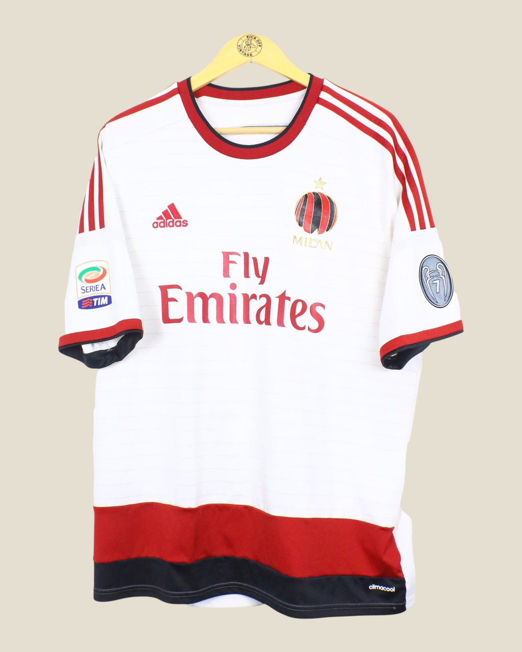 Kick Off Vintage AC Milan 2014/15 away football shirt in white with red and black trim and Fly Emirates sponsor