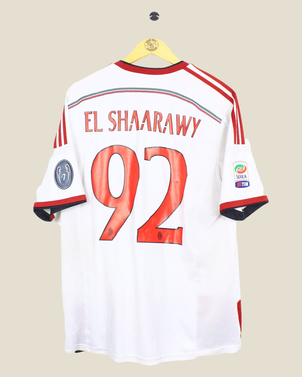 Kick Off Vintage AC Milan 2014/15 away jersey with El Shaarawy 92 print, featuring Adidas branding and Serie A patch.