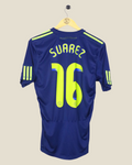 Kick Off Vintage Ajax 2010/11 away football shirt with Suarez 16 print in navy and neon yellow on a wooden hanger