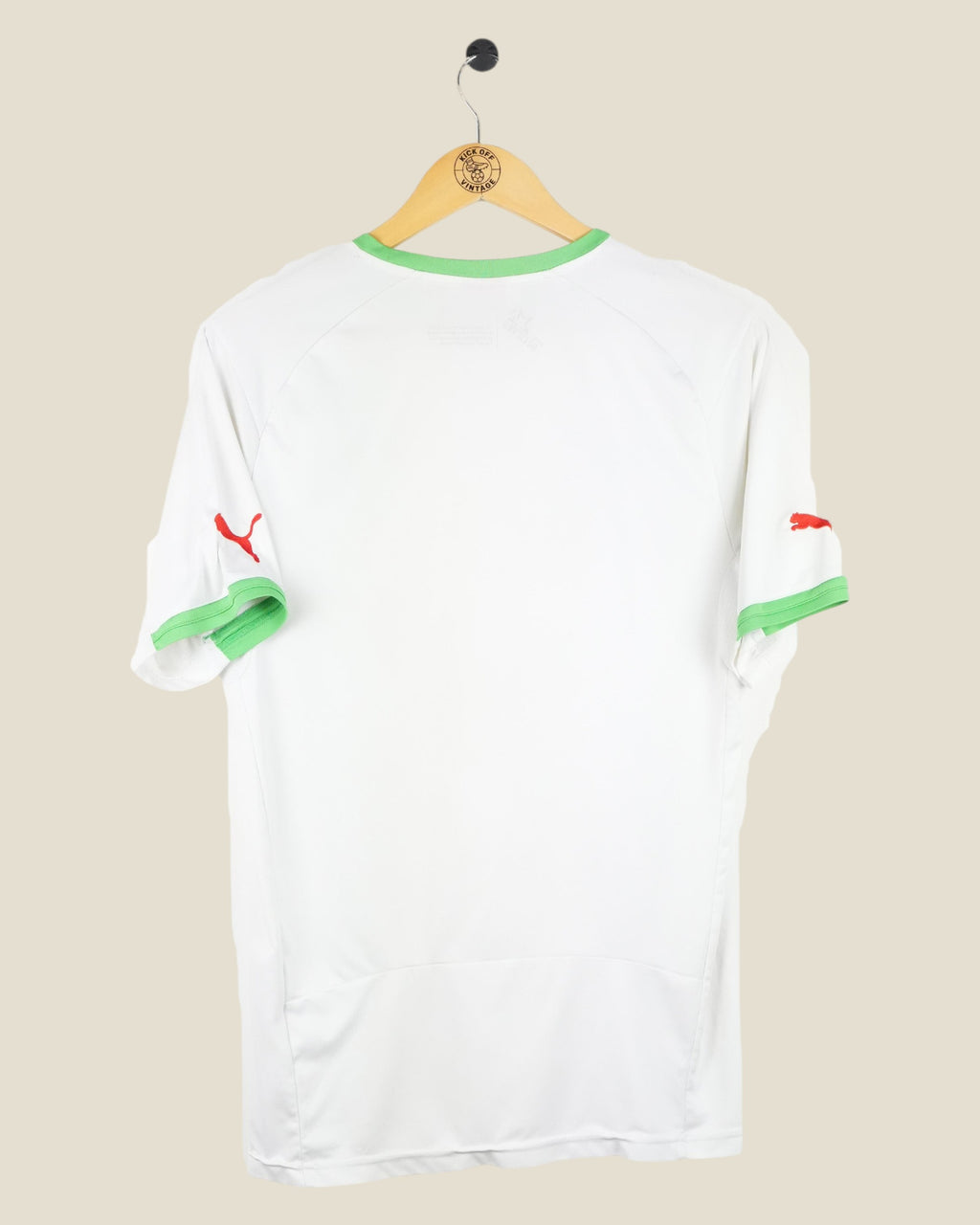 Back view of Kick Off Vintage Algeria 2014 home football jersey in white with green trim and red Puma logos