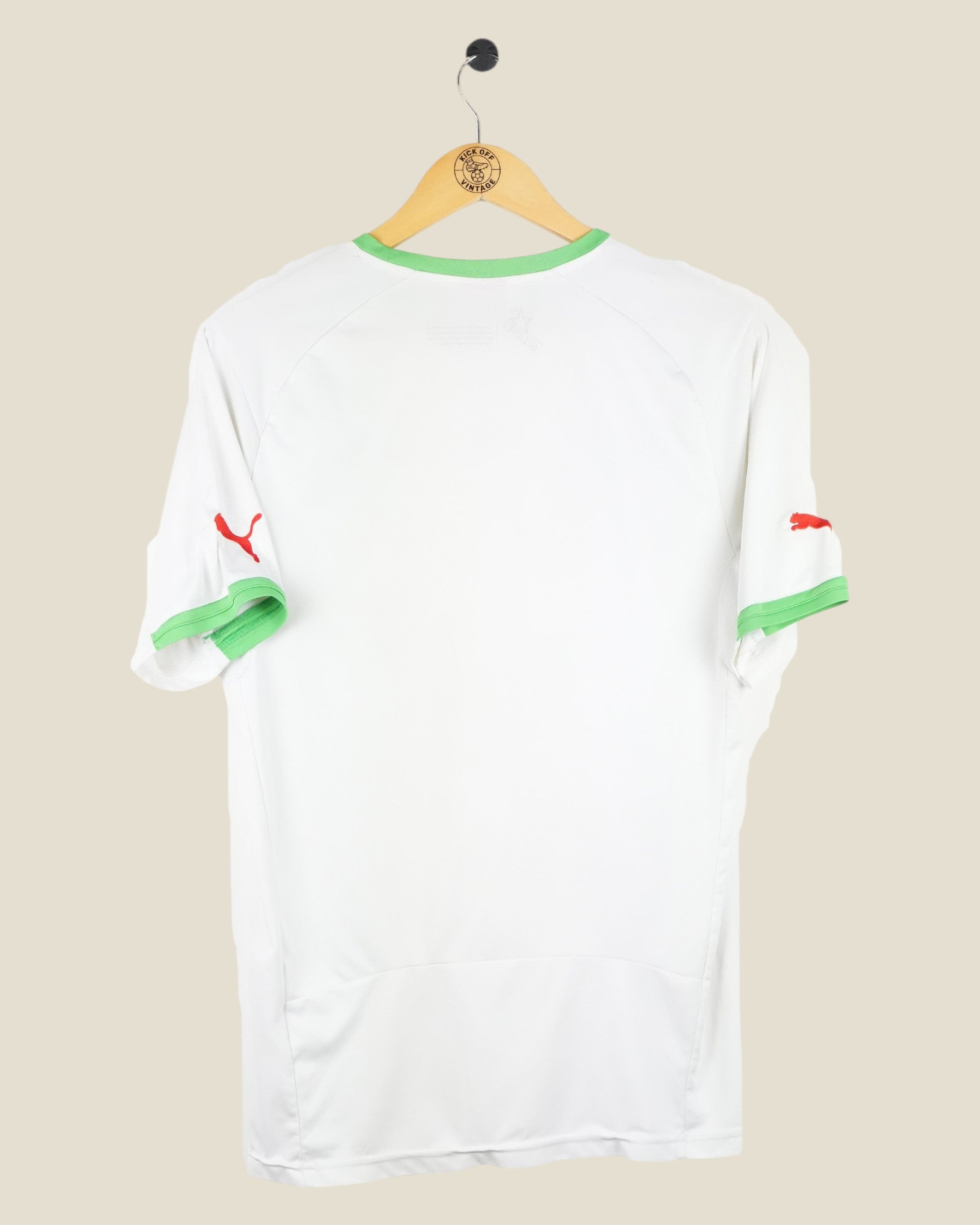 Back view of Kick Off Vintage Algeria 2014 home football jersey in white with green trim and red Puma logos