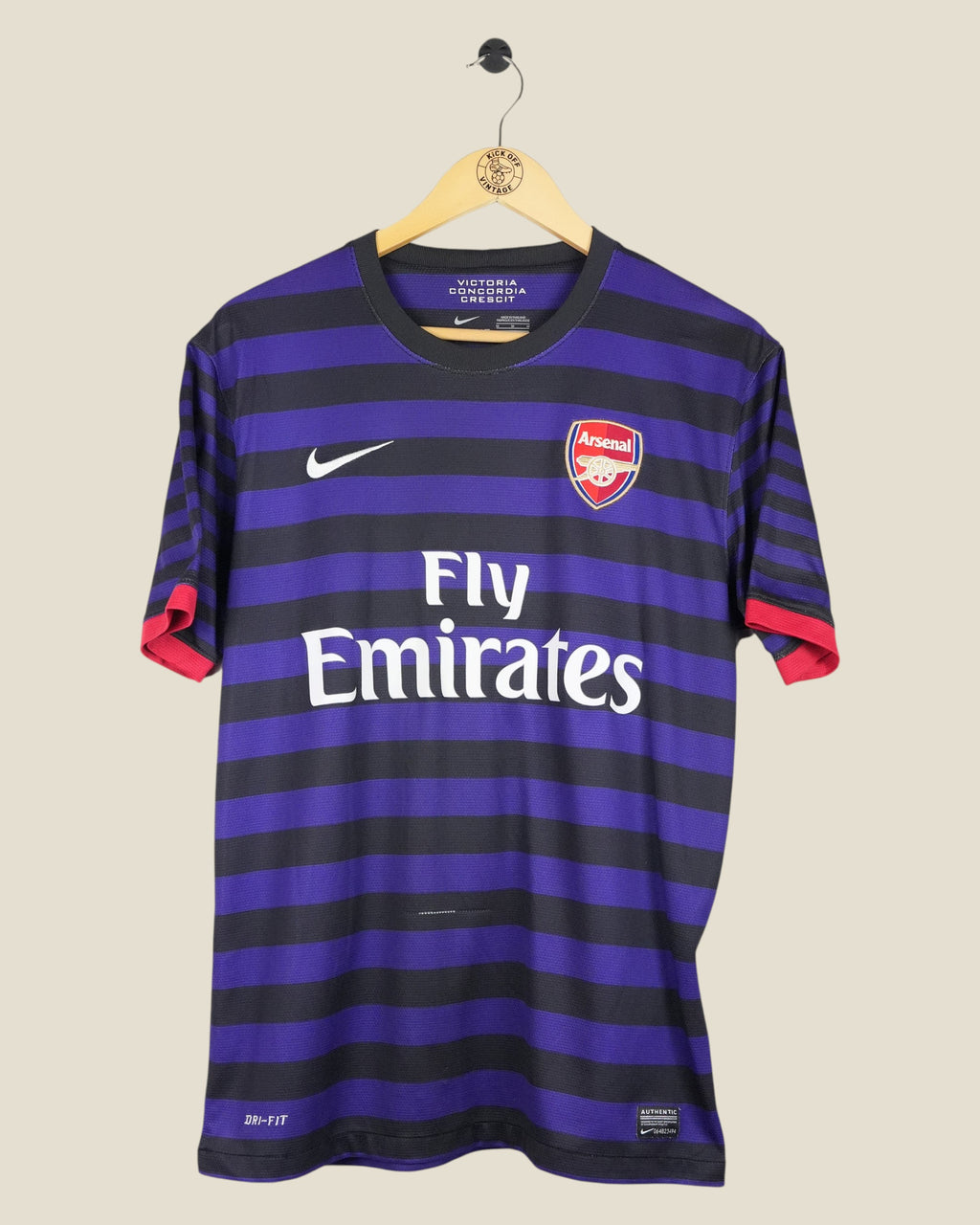 Kick Off Vintage Arsenal 2012/13 away football shirt in purple and black stripes with Nike branding and team crest.