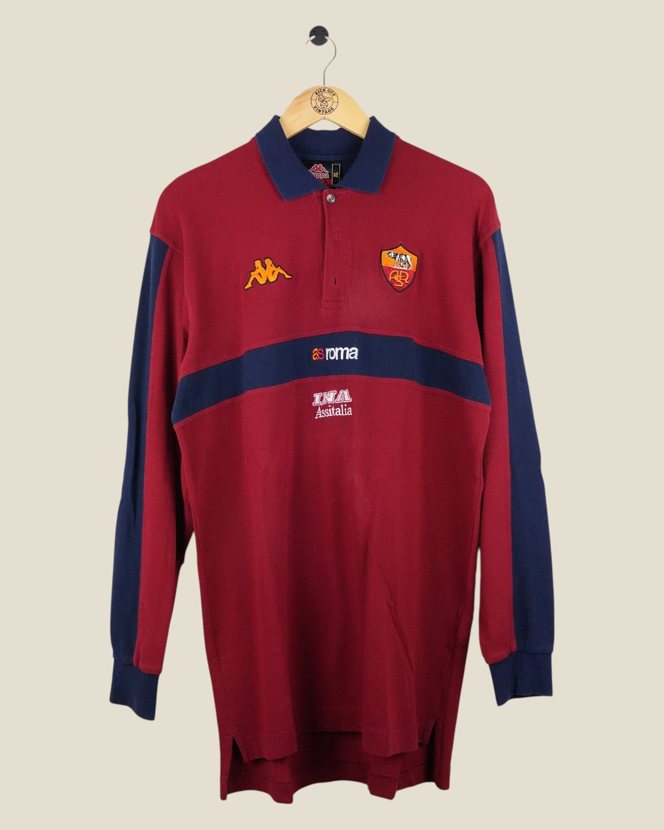 Kick Off Vintage AS Roma 2000-02 long sleeve training shirt in maroon and navy with Kappa branding and team crest