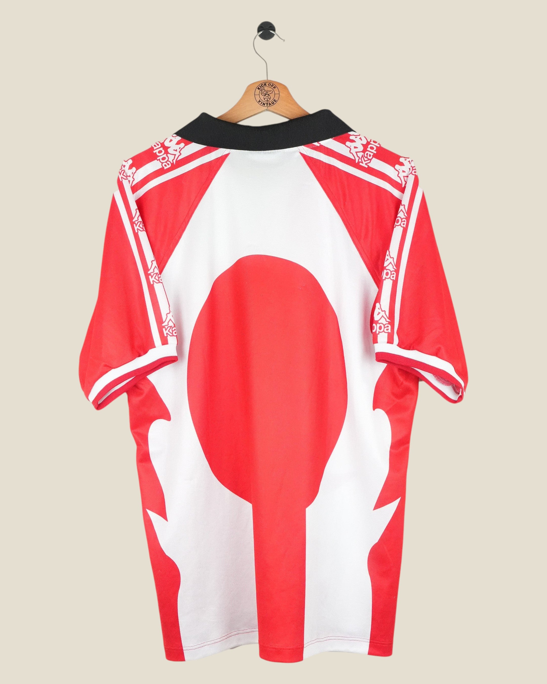 Back view of a vintage Kick Off Vintage Athletic Bilbao 1997/98 centenary football shirt in red and white by Kappa.