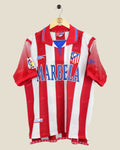 Kick Off Vintage Atletico Madrid 1998/99 home football shirt in red and white stripes with Reebok branding.