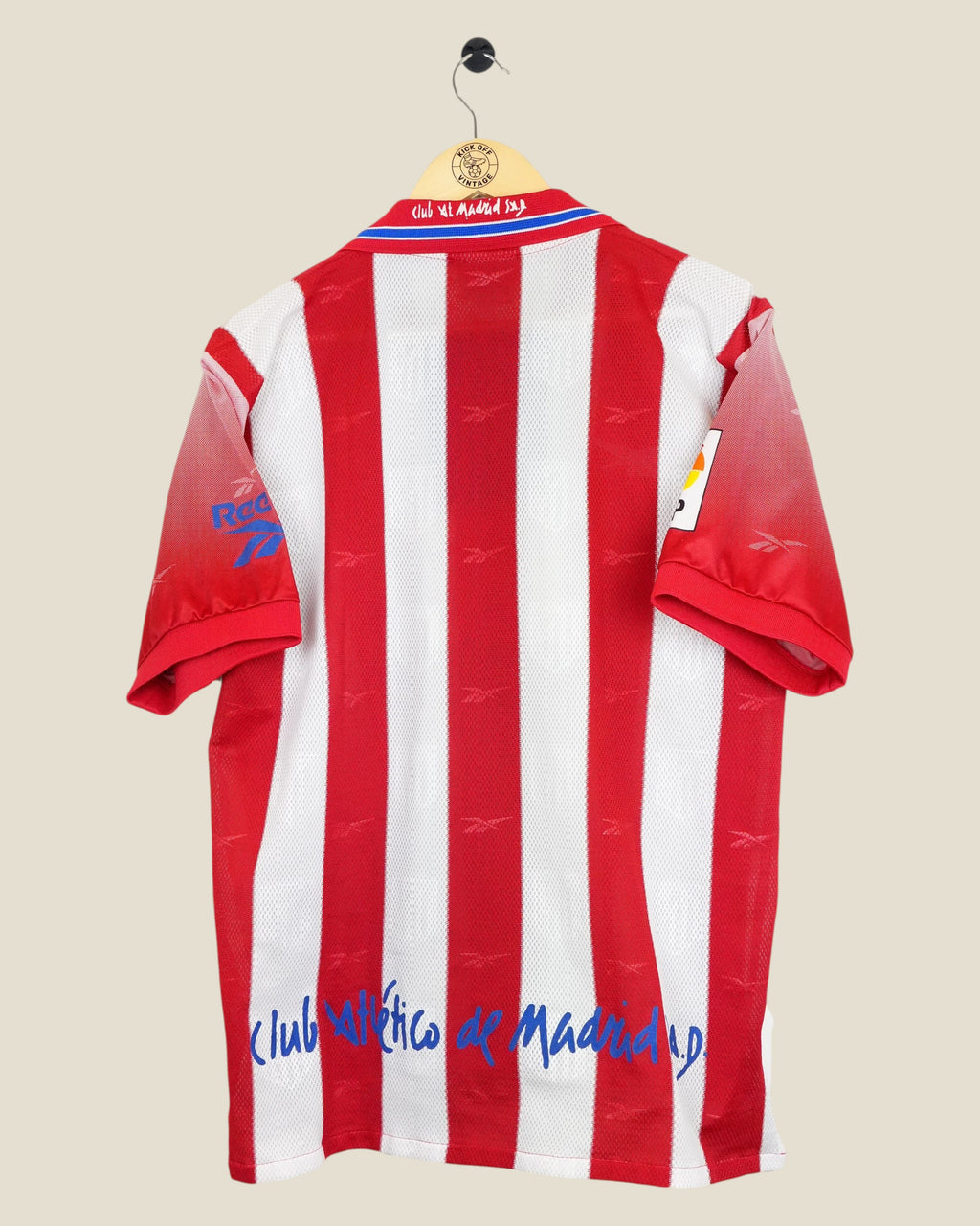 Kick Off Vintage Atletico Madrid 1998/99 home football shirt in red and white stripes with Reebok branding