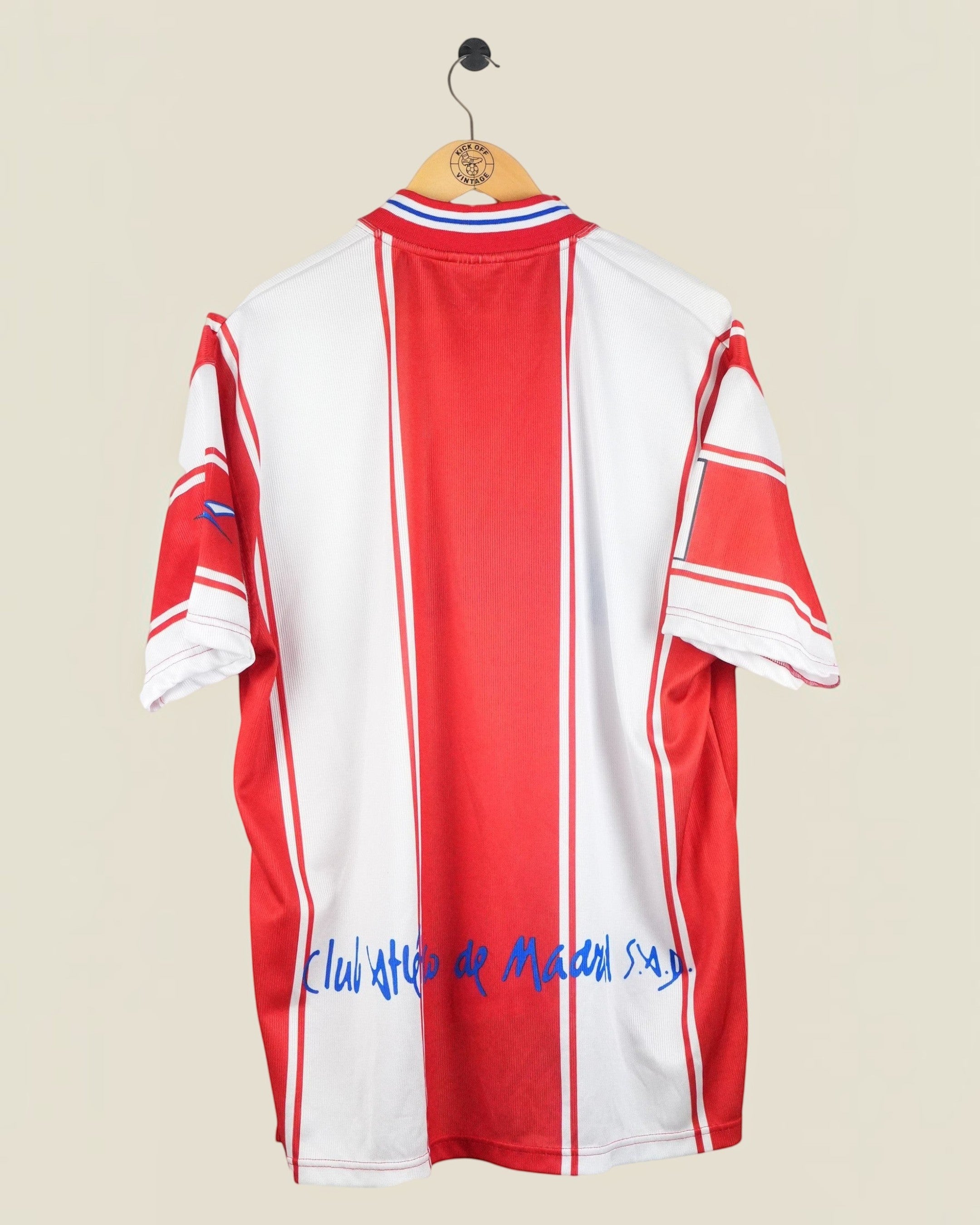 Kick Off Vintage 1999/00 Atletico Madrid home football shirt in red and white stripes with blue signature detail