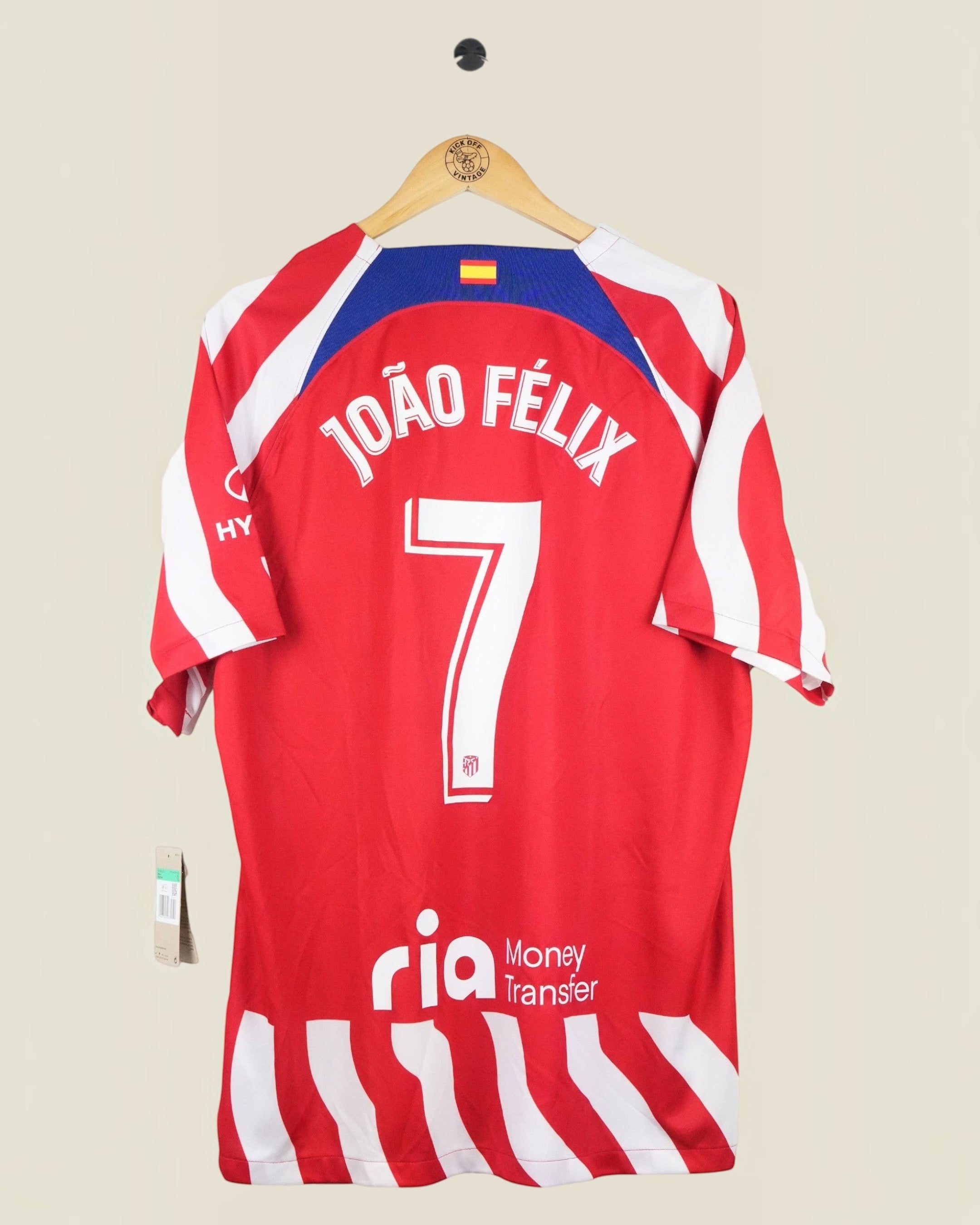 Kick Off Vintage Atletico Madrid 2022/23 Joao Felix home jersey with number 7, red and white stripes, brand new