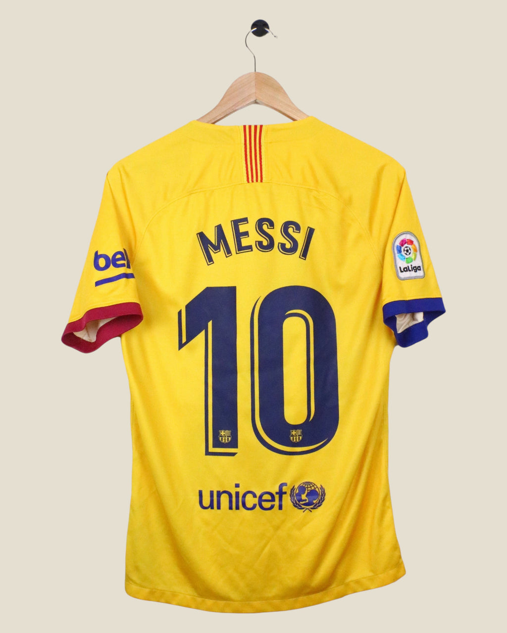 Kick Off Vintage Barcelona 2019/20 away jersey featuring Messi number 10 in yellow with blue and red details.