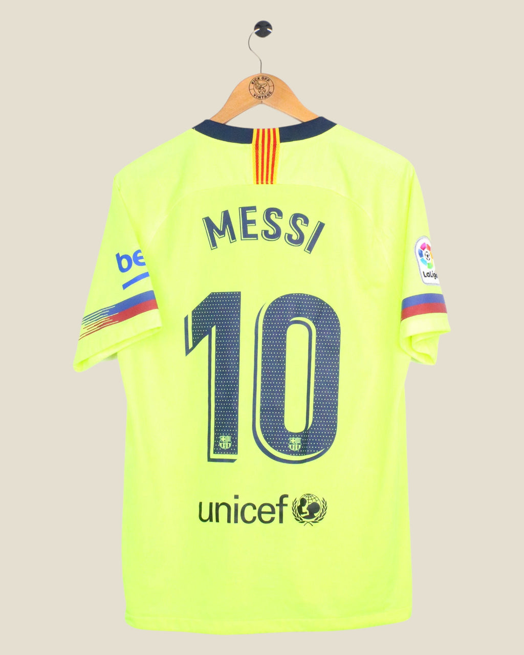 Kick Off Vintage Barcelona 2018/19 Messi away jersey in neon yellow with number 10 and La Liga patch