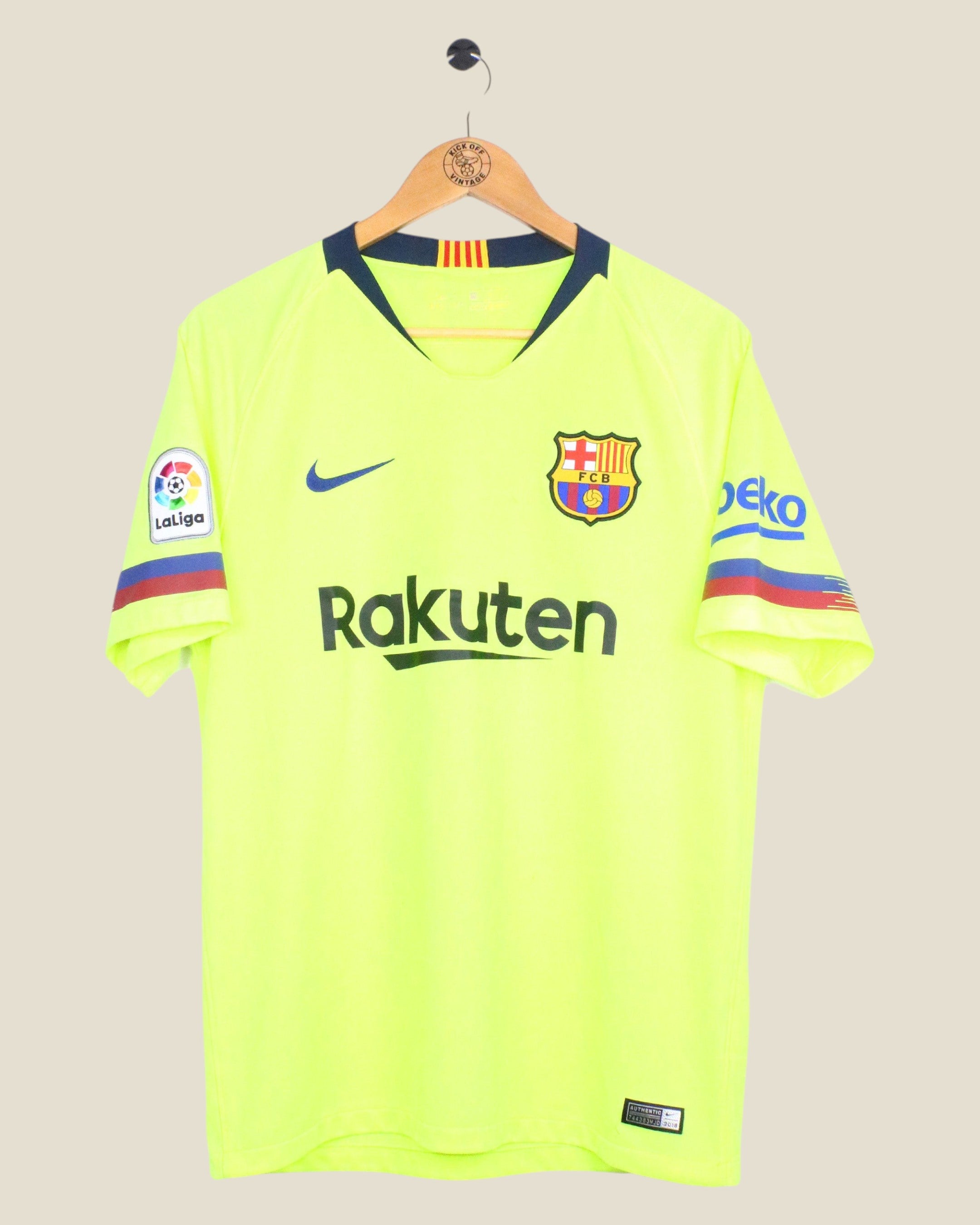 Kick Off Vintage Barcelona 2018/19 Messi away jersey in neon yellow with navy accents and La Liga sleeve patch