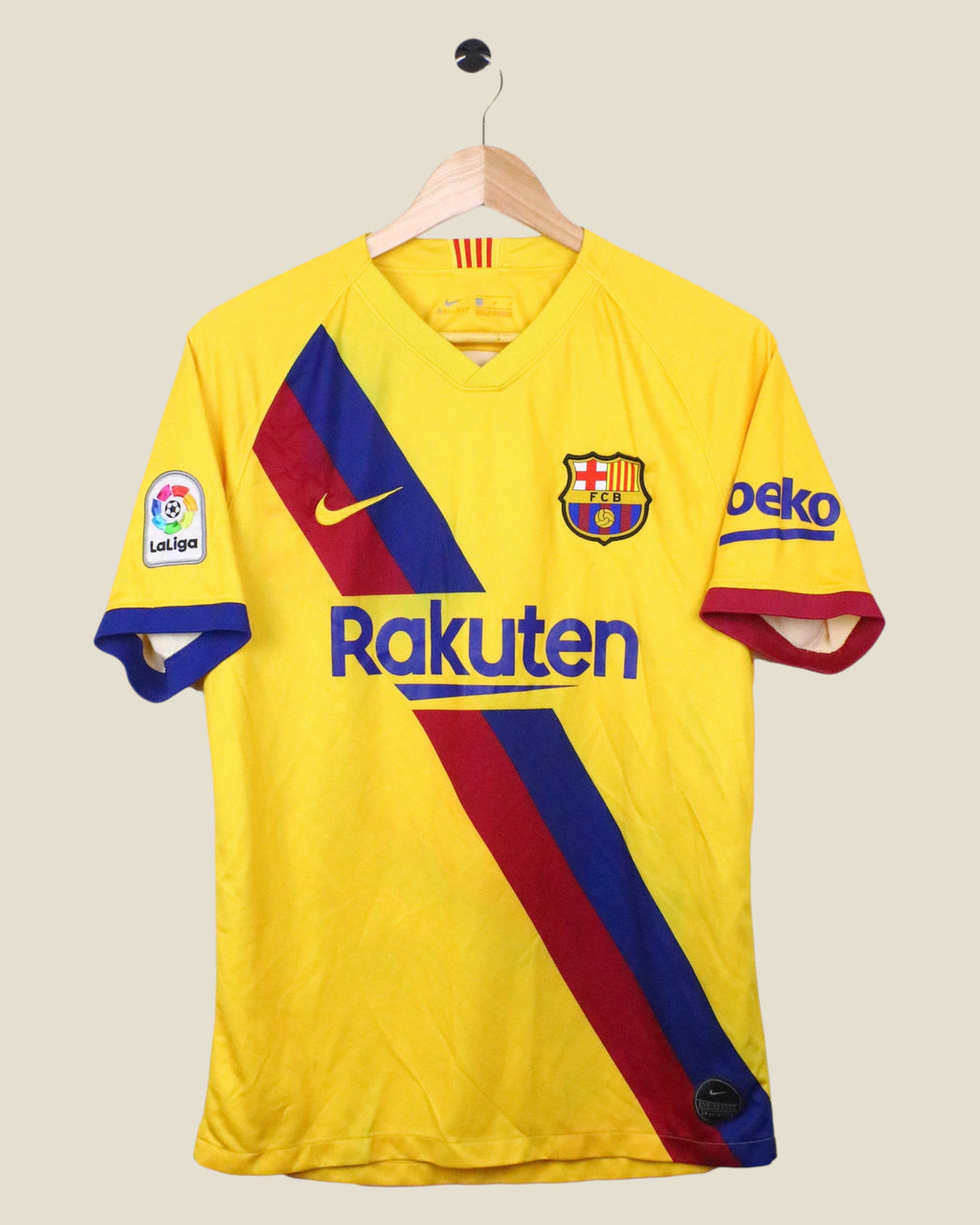 Kick Off Vintage Barcelona 2019/20 away jersey, yellow with diagonal blue and red stripe, Messi number 10 shirt.