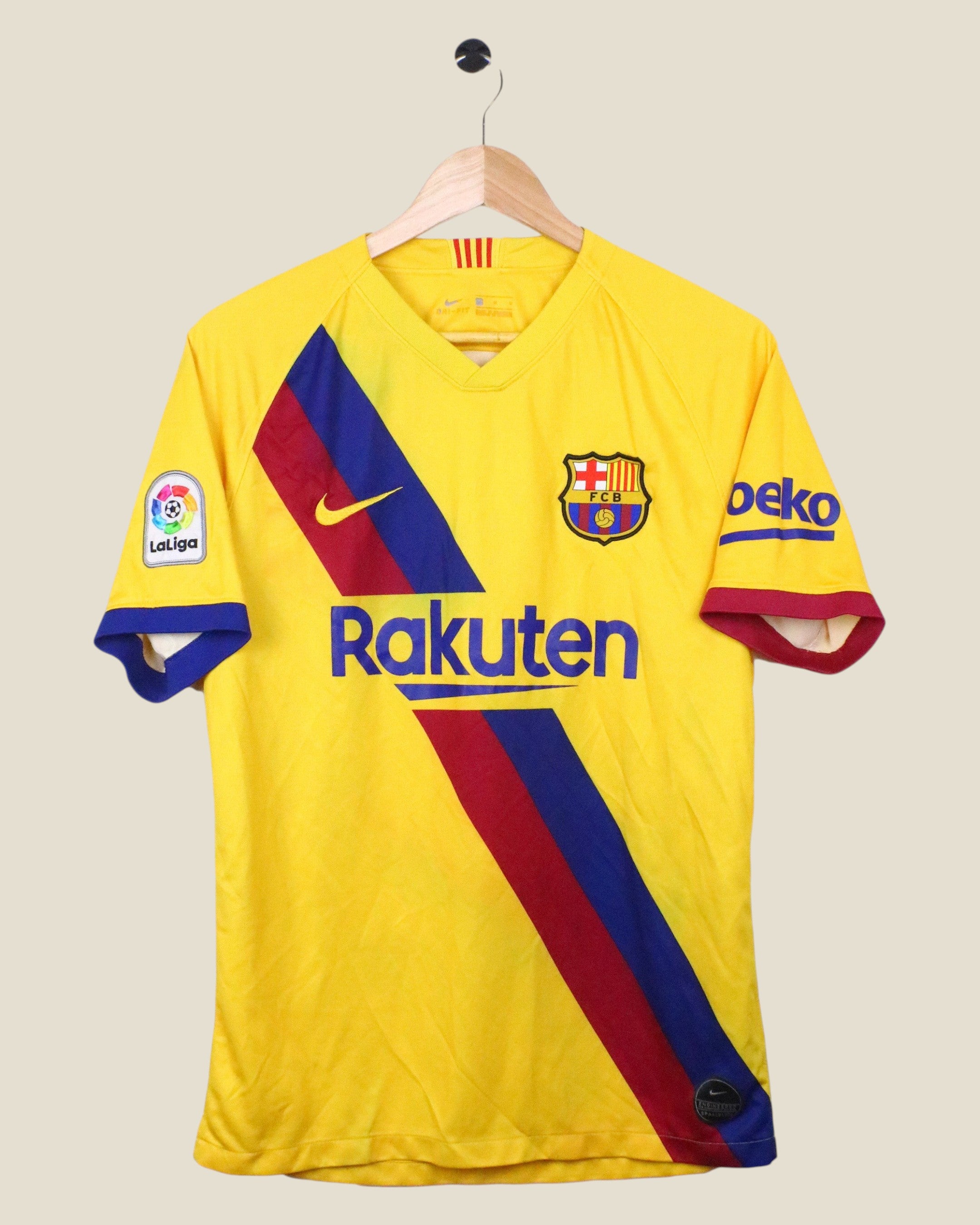Kick Off Vintage Barcelona 2019/20 away jersey, yellow with diagonal blue and red stripe, Messi number 10 shirt.