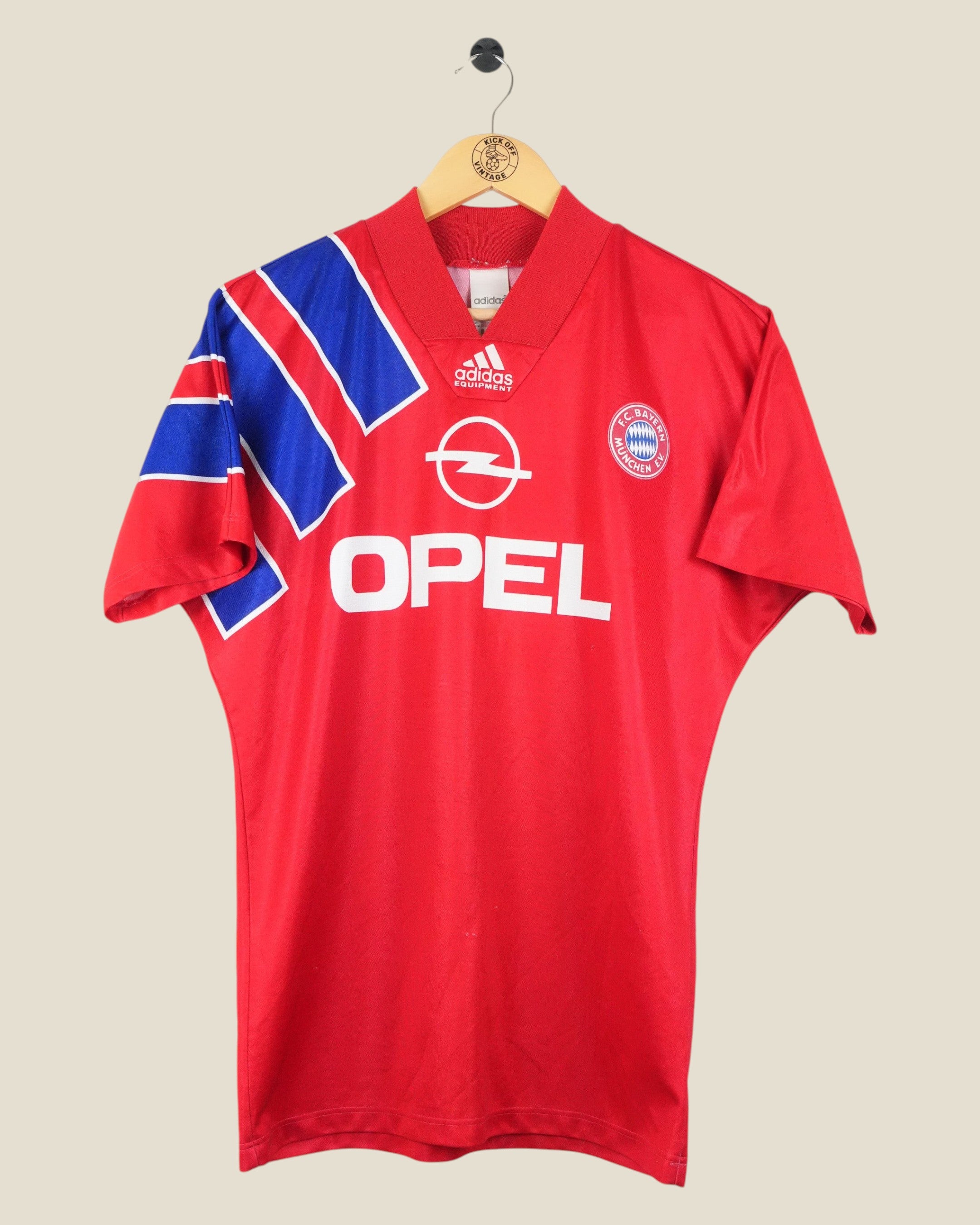 Kick Off Vintage Bayern Munich 1991-93 home football shirt in red with blue shoulder stripes and Opel sponsor logo