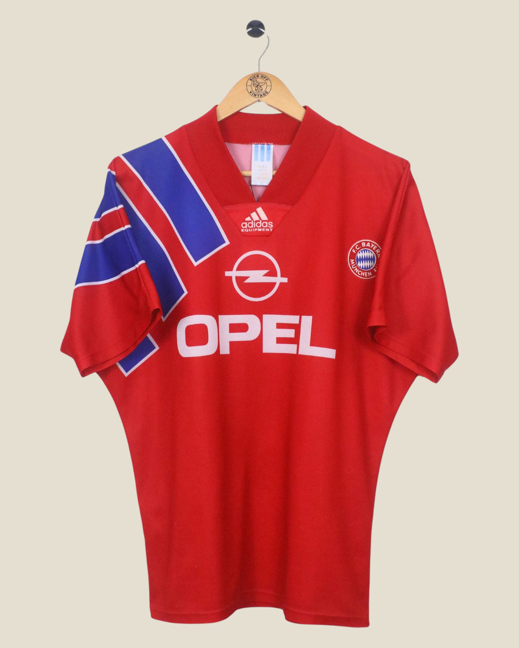 Kick Off Vintage Bayern Munich 1993-95 home football shirt in red with blue sleeve detailing and Opel sponsor logo