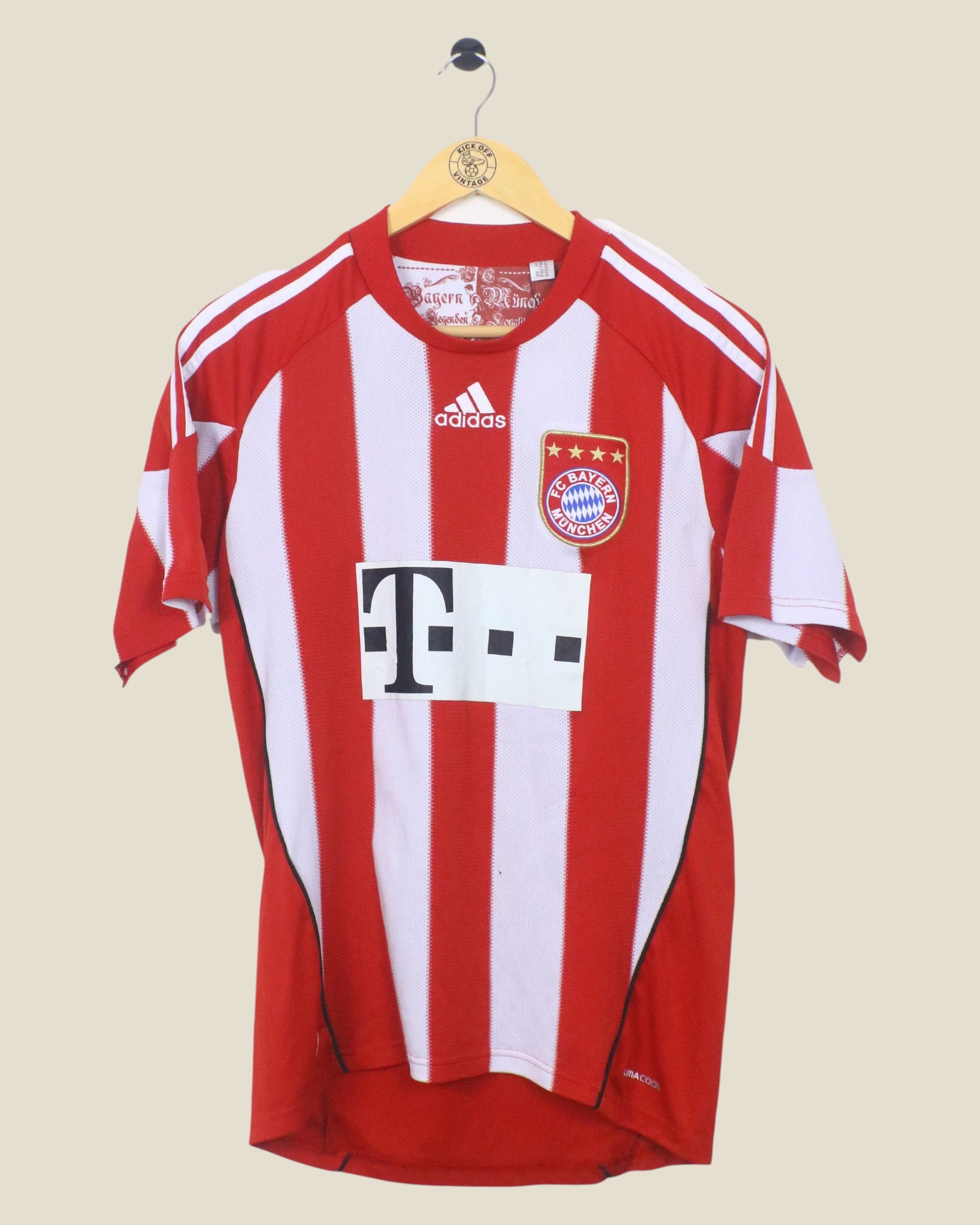 Kick Off Vintage Bayern Munich 2010/11 home football shirt in red and white stripes with Adidas branding