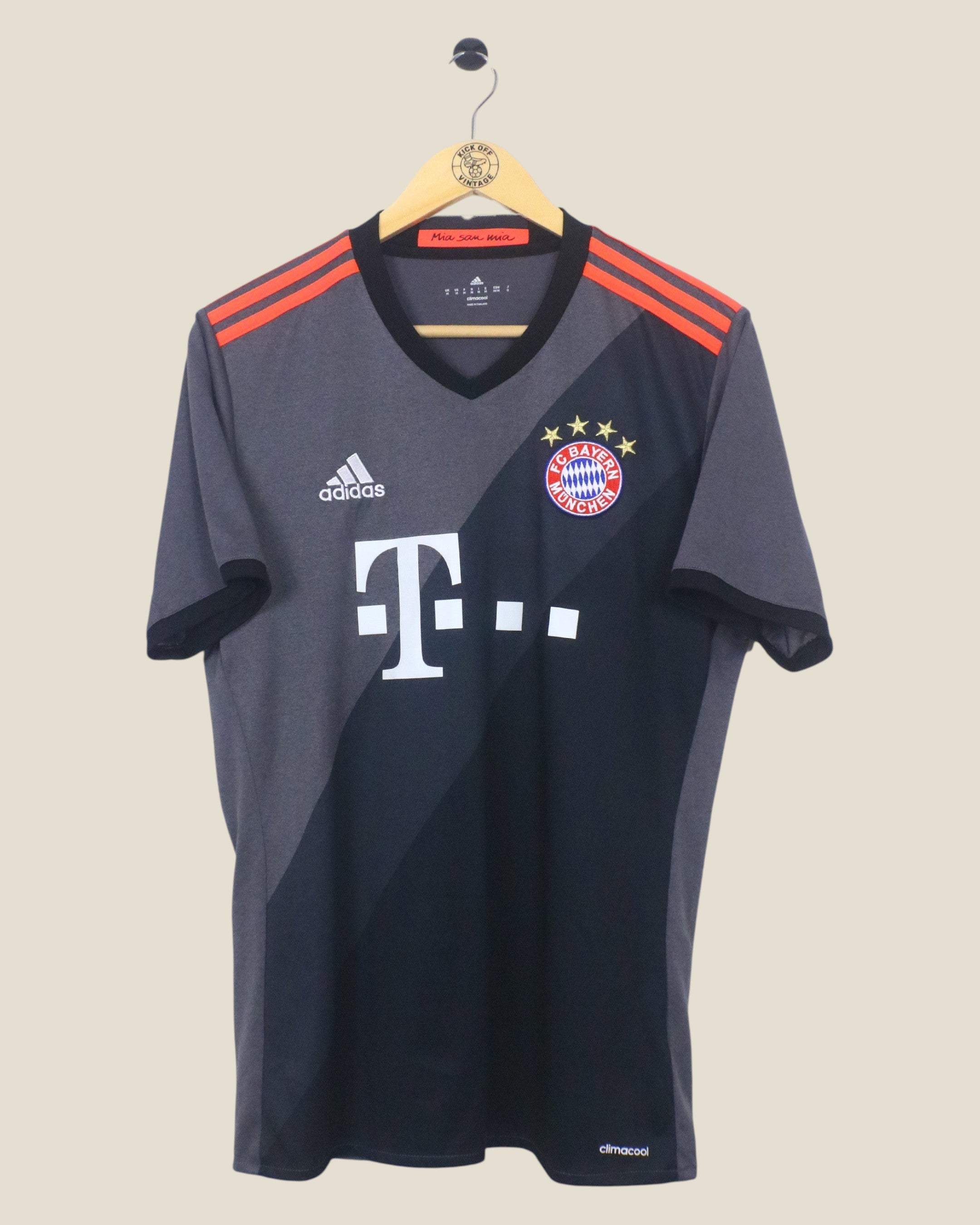 Kick Off Vintage Bayern Munich 2016/17 away football jersey in grey and black with orange Adidas shoulder stripes
