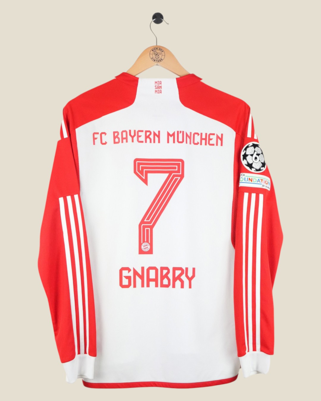 Kick Off Vintage Bayern Munich 2023/24 long sleeve home shirt with Gnabry 7 print and UCL patches on back