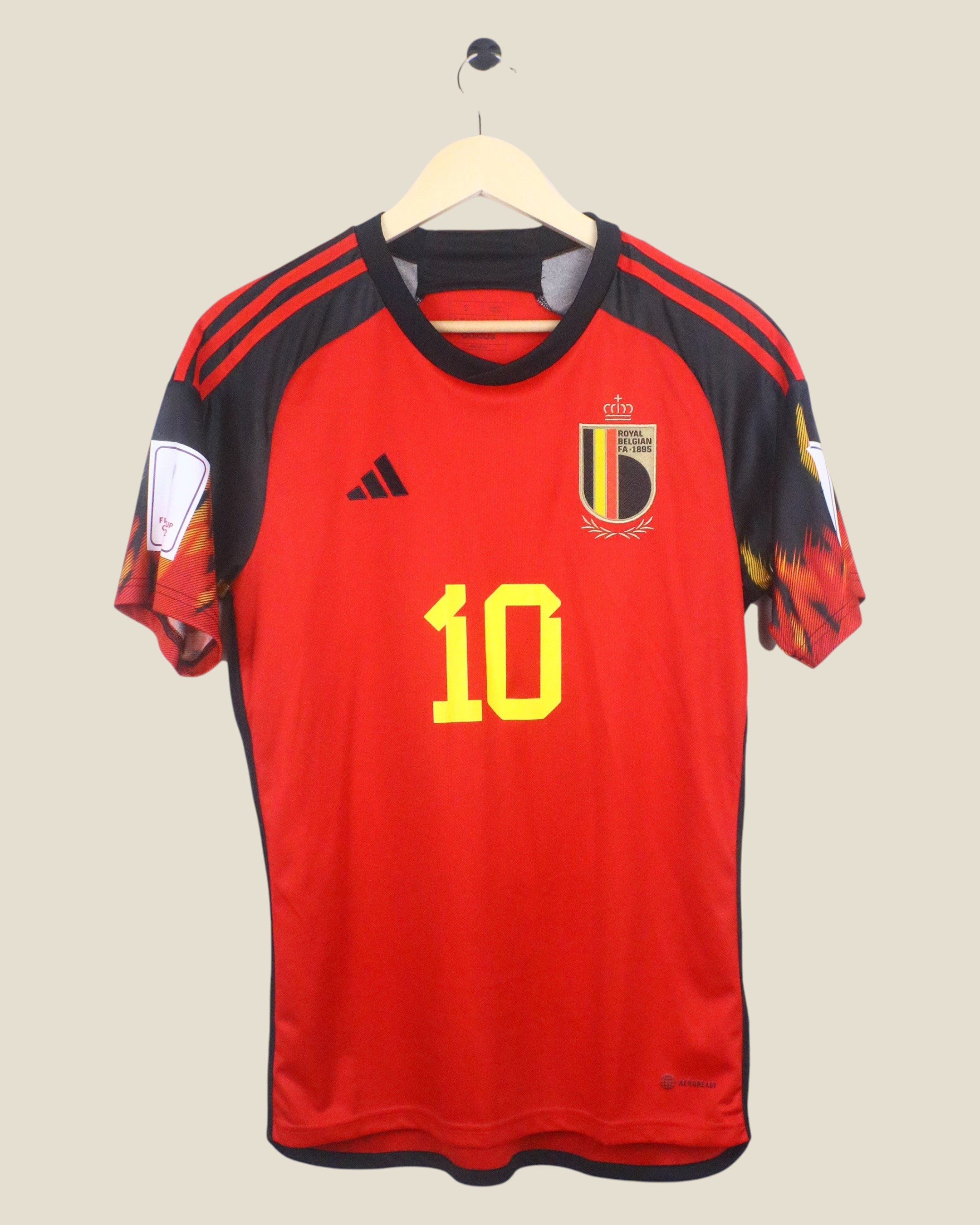 Kick Off Vintage Belgium 2022 Hazard #10 home football jersey in red and black with flame sleeve details
