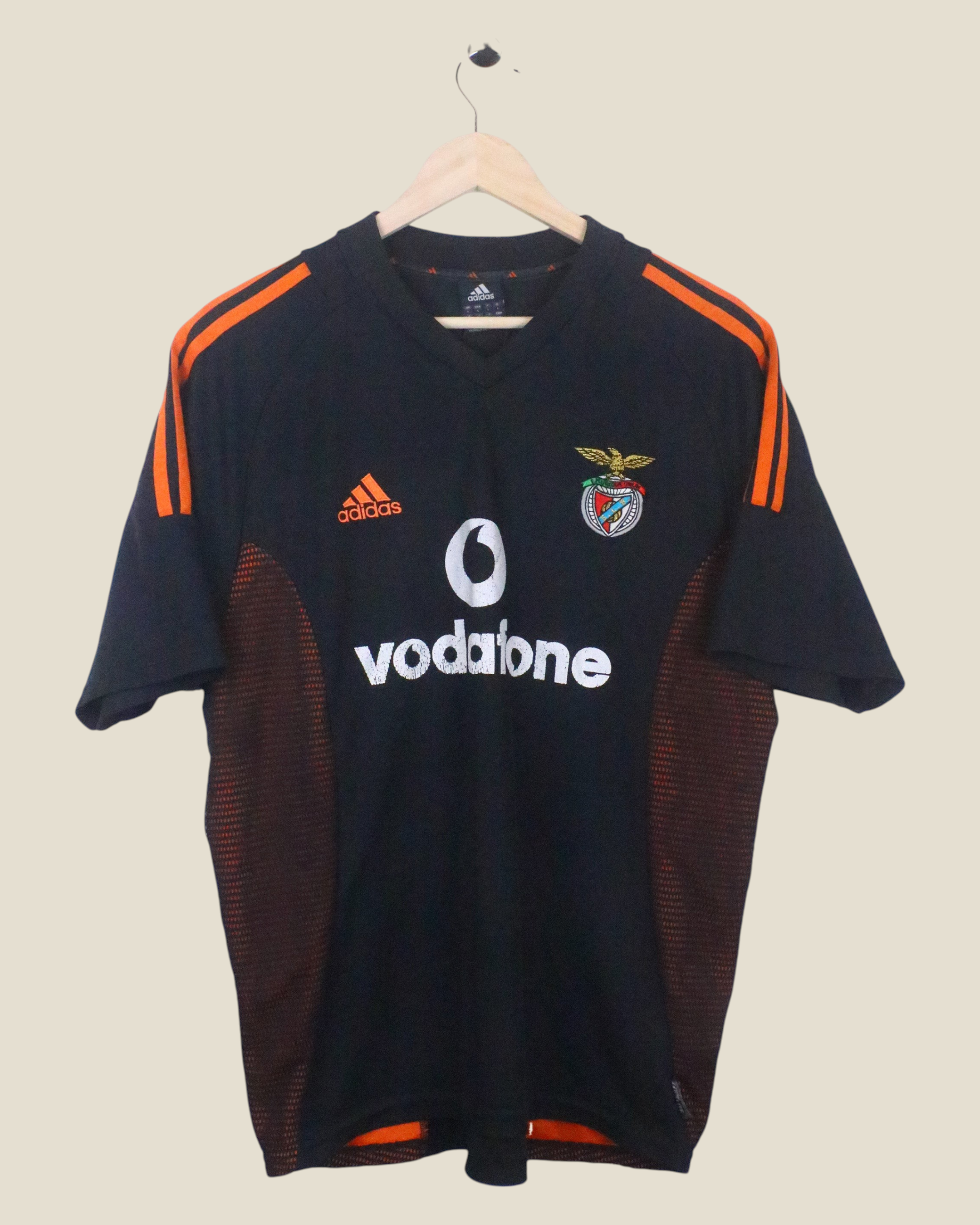 Kick Off Vintage Benfica 2002/03 away football shirt in black with orange Adidas stripes and Vodafone sponsor