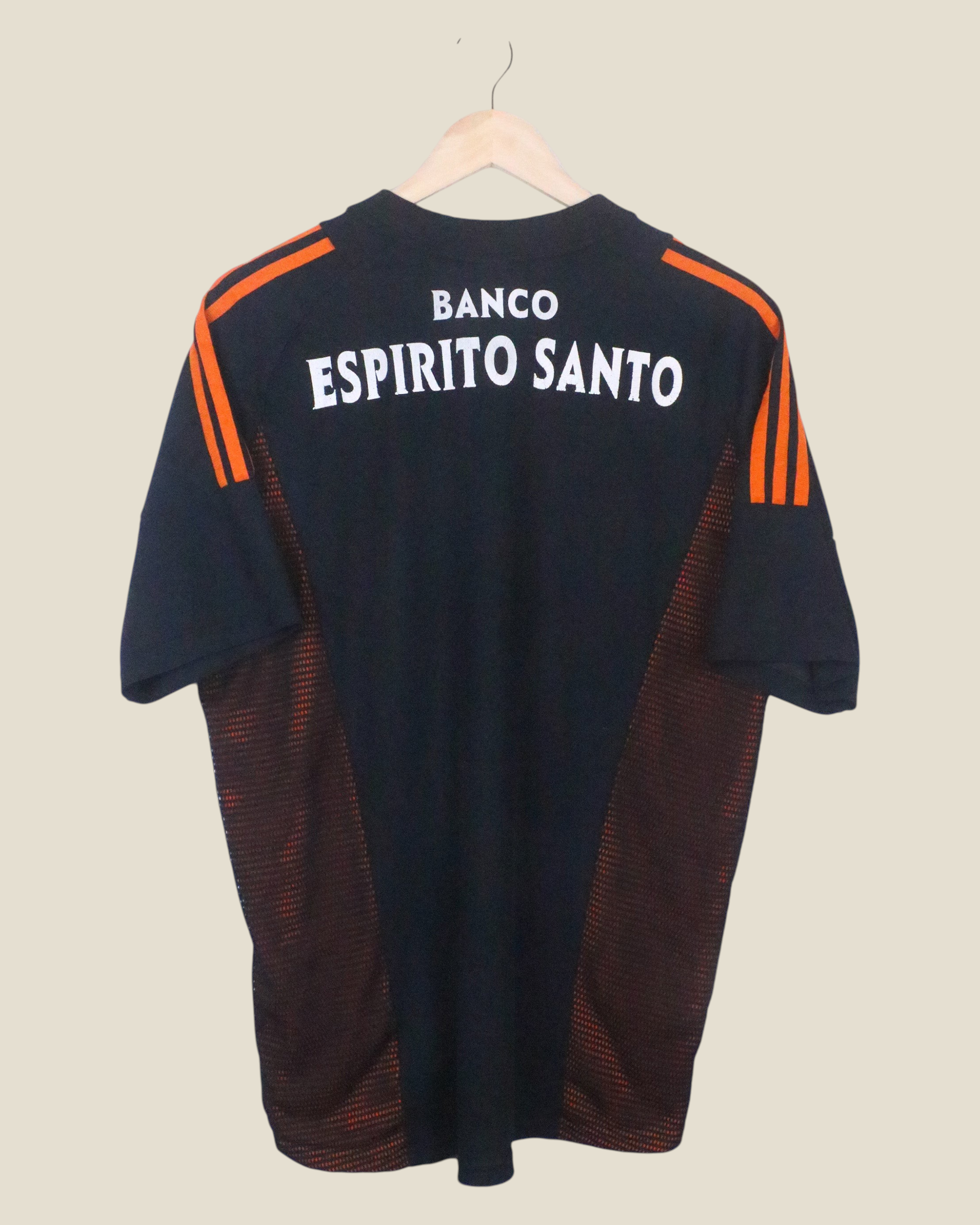 Kick Off Vintage Benfica 2002/03 away football shirt in black with orange Adidas stripes and sponsor print on back