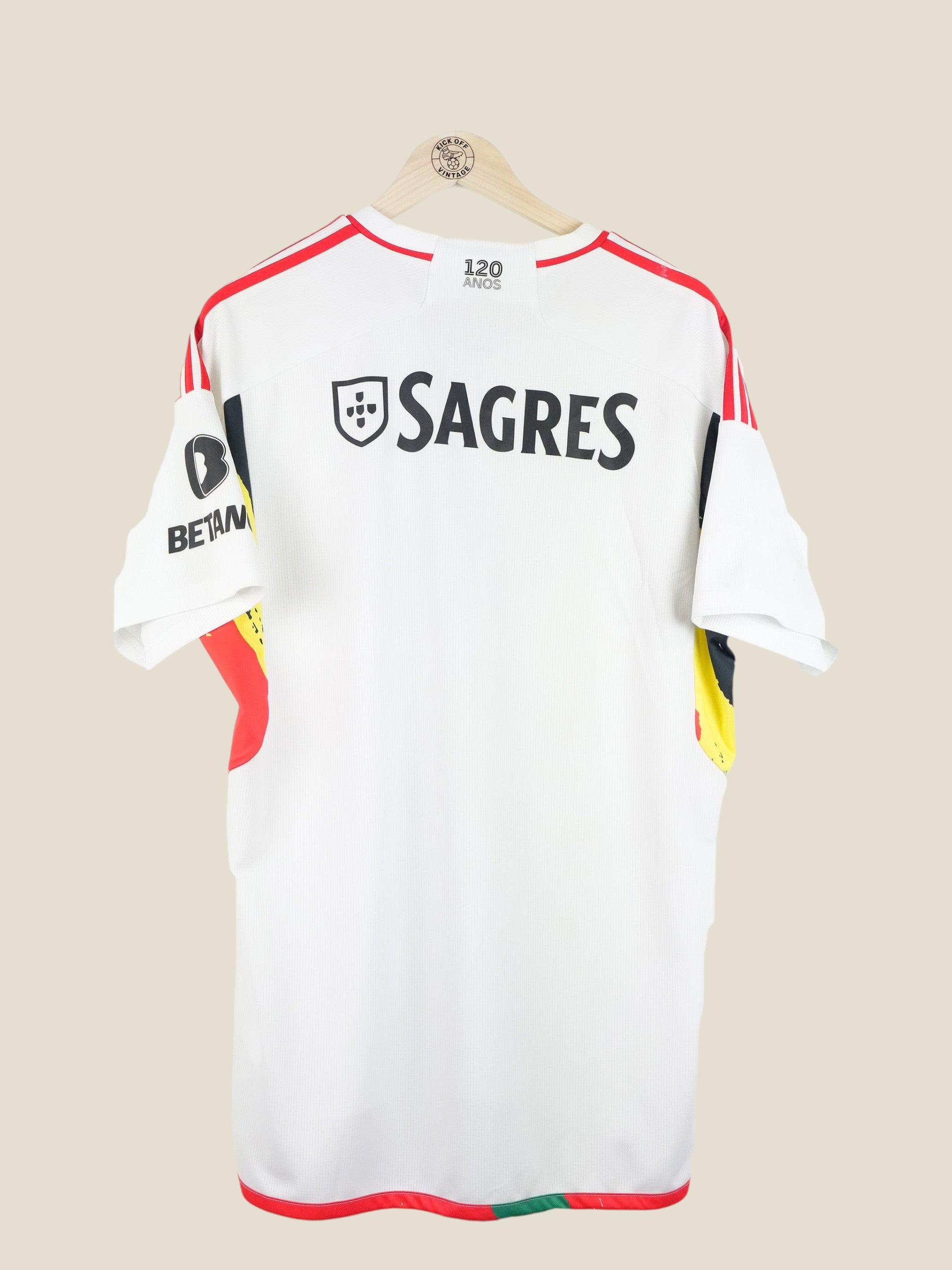 Back view of Kick Off Vintage Benfica 2023/24 away player version jersey in white with red and black accents.