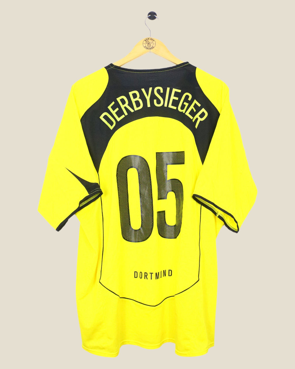 Kick Off Vintage Borussia Dortmund 2004/05 home jersey in yellow and black with Derbysieger print on the back