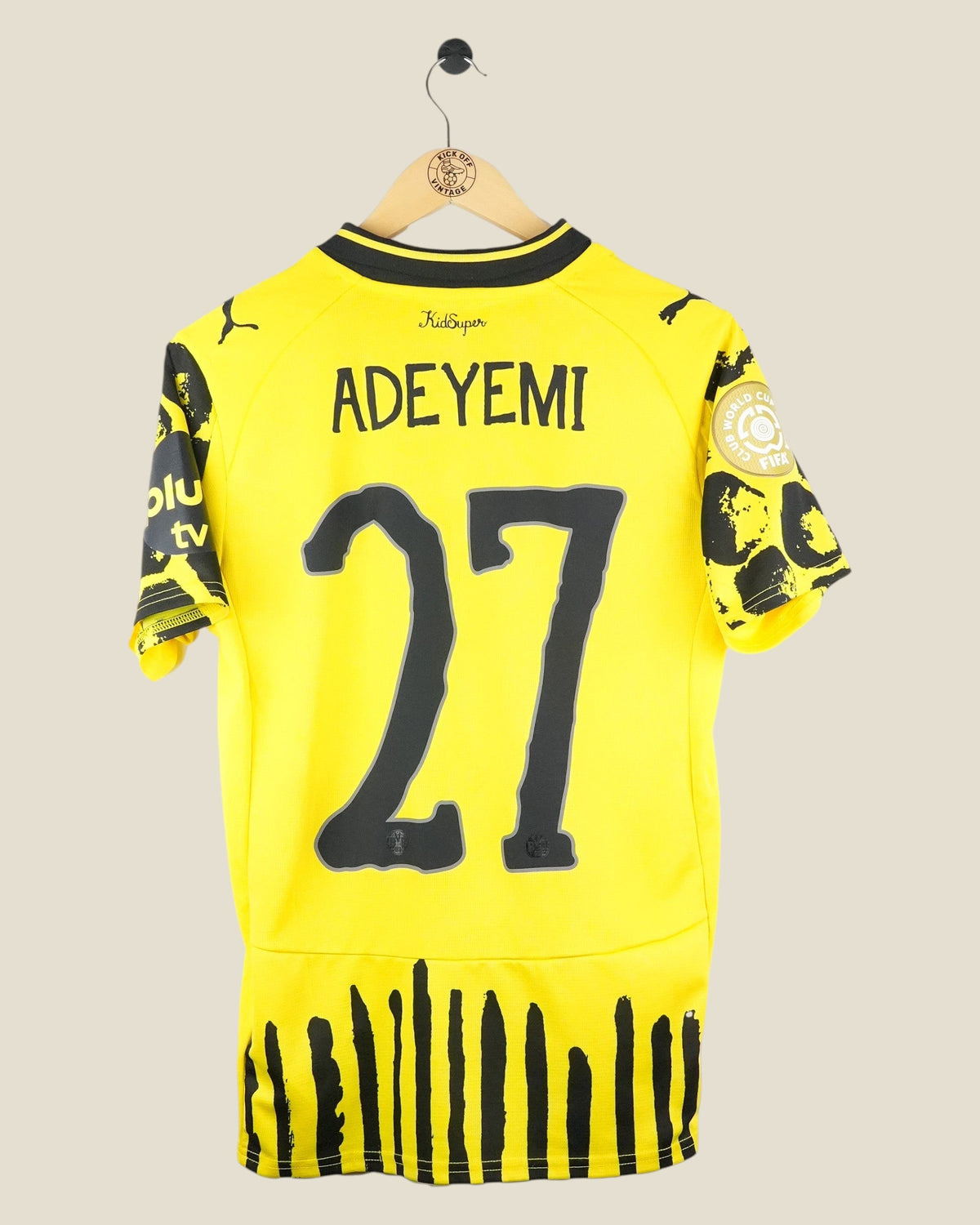 Kick Off Vintage Borussia Dortmund 2025 Adeyemi home shirt featuring yellow and black design with number 27 print