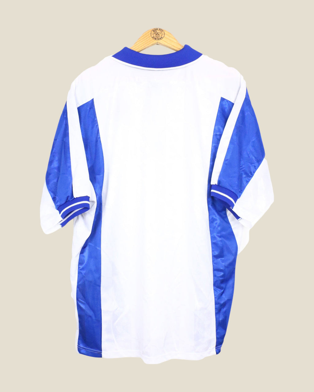 Kick Off Vintage Bury 1999/01 home football shirt in white and blue with a classic collar, back view.