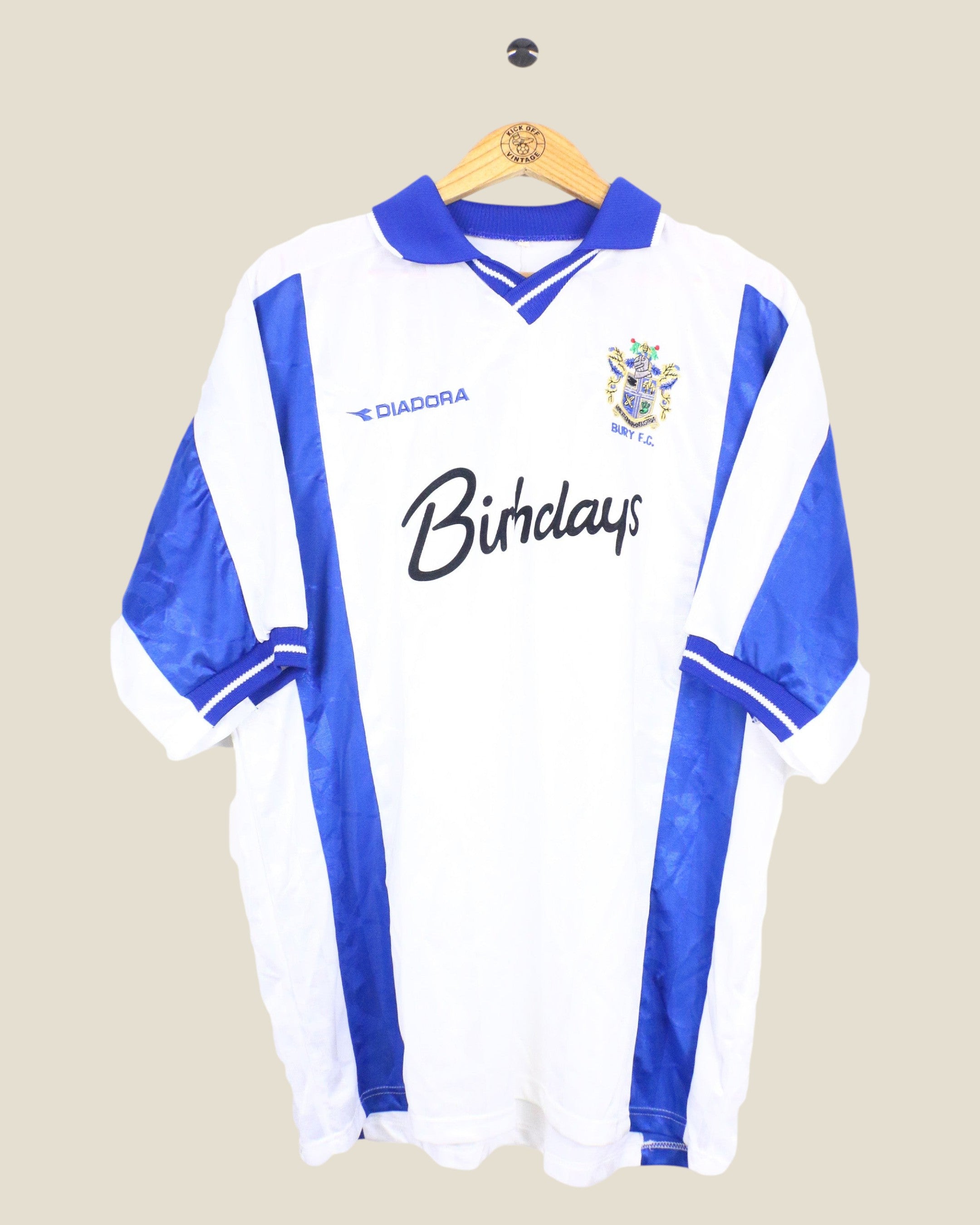 Kick Off Vintage Bury FC 1999/01 home football shirt in white and blue with Diadora branding and Birthdays sponsor.