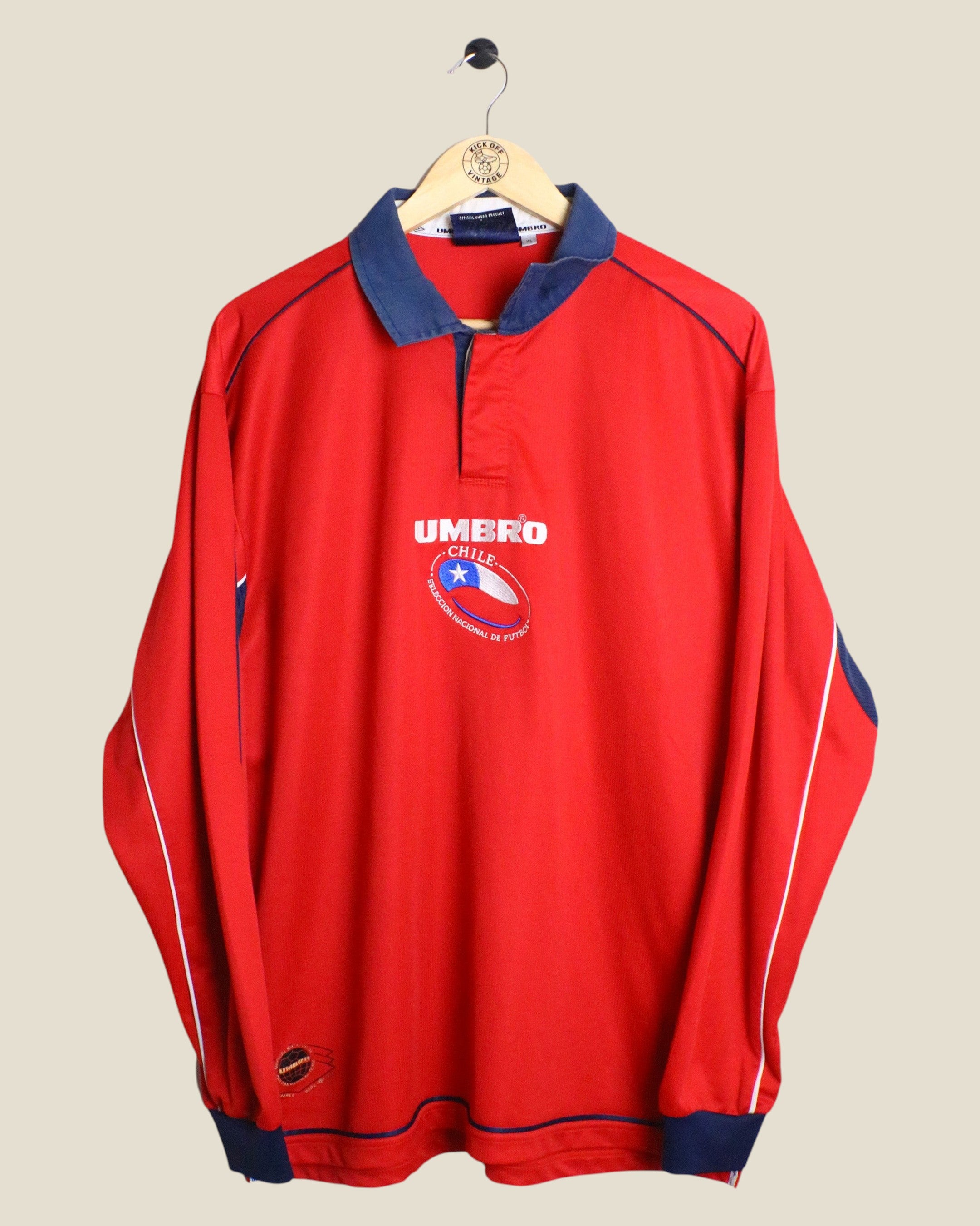 Kick Off Vintage Chile 2000 Zamorano long sleeve home football shirt in red with blue collar and Umbro branding
