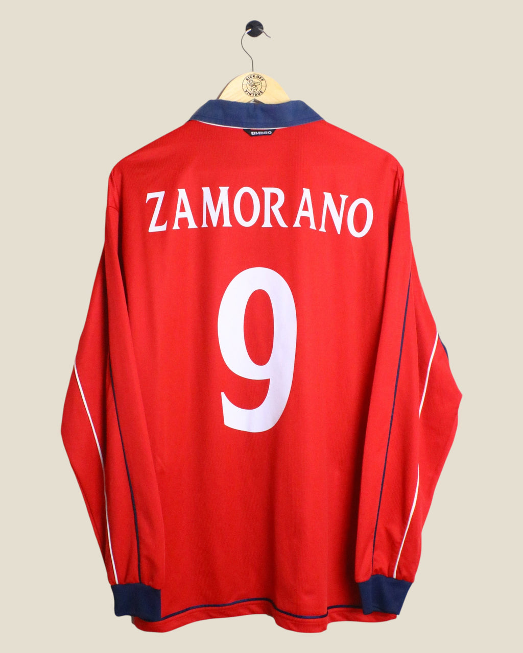 Kick Off Vintage Chile 2000 long sleeve home jersey featuring Zamorano number 9 on the back in red and blue