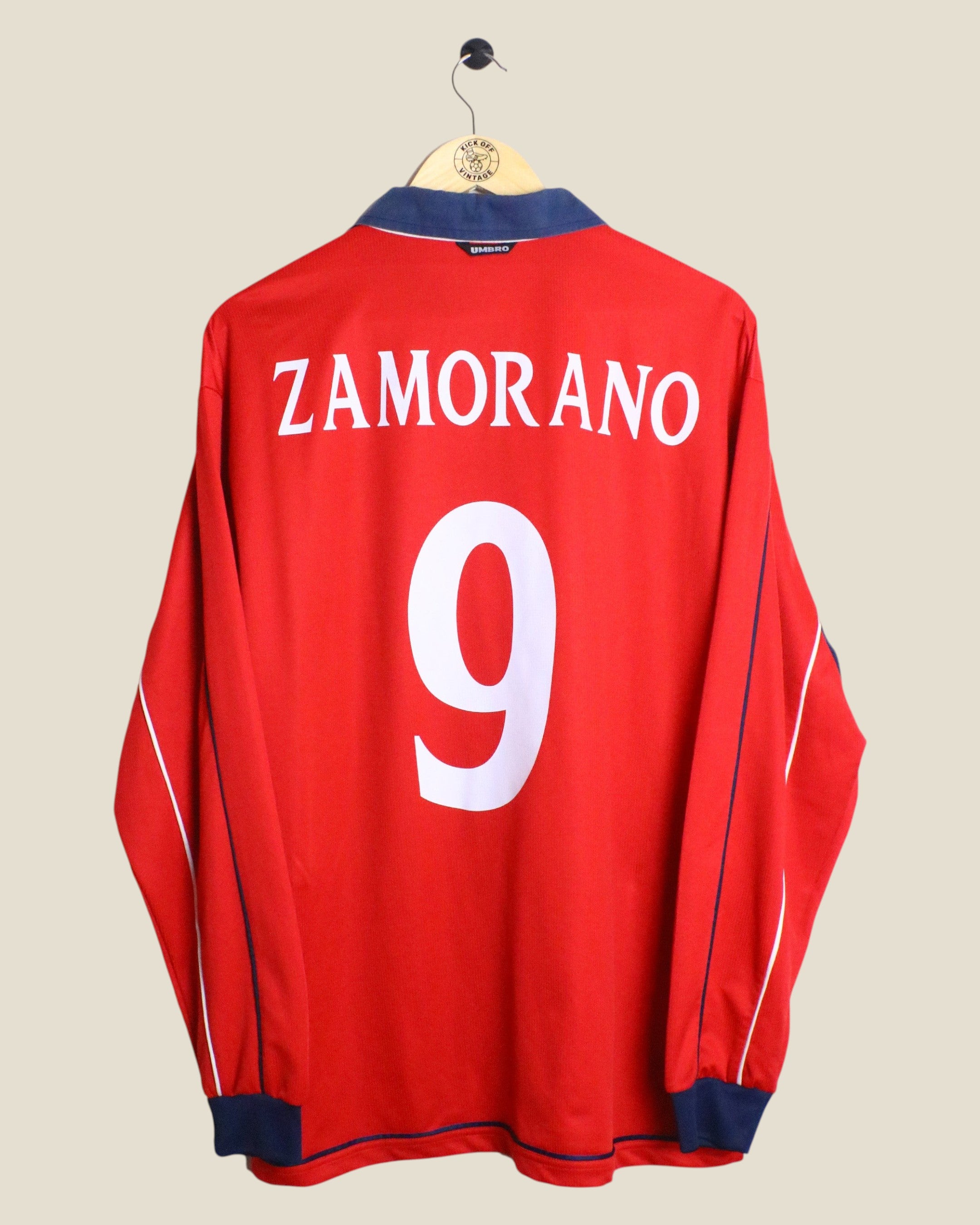 Kick Off Vintage Chile 2000 long sleeve home jersey featuring Zamorano number 9 on the back in red and blue