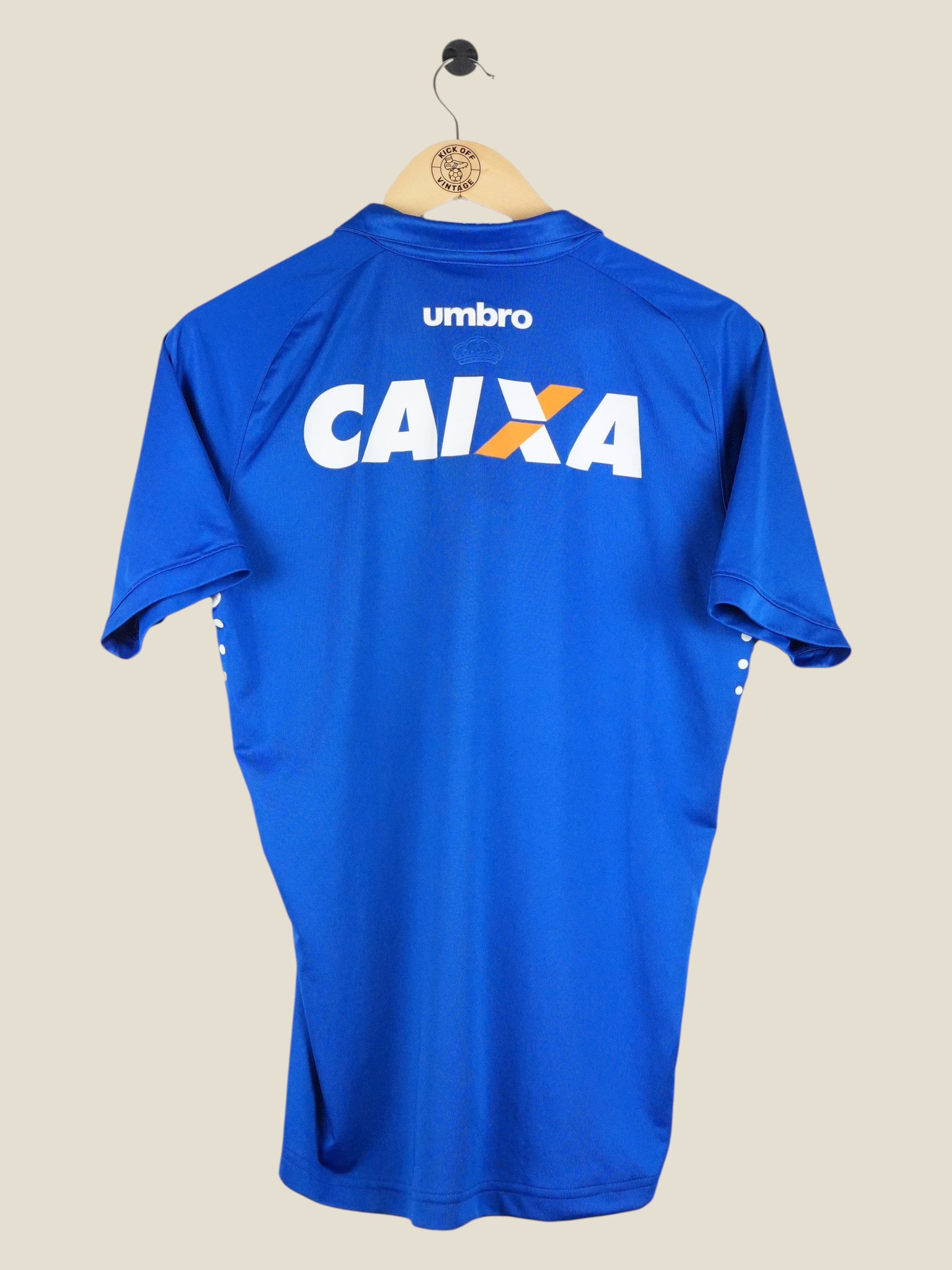 Back view of the blue 2016 Cruzeiro home football jersey by Kick Off Vintage featuring Umbro and Caixa branding.