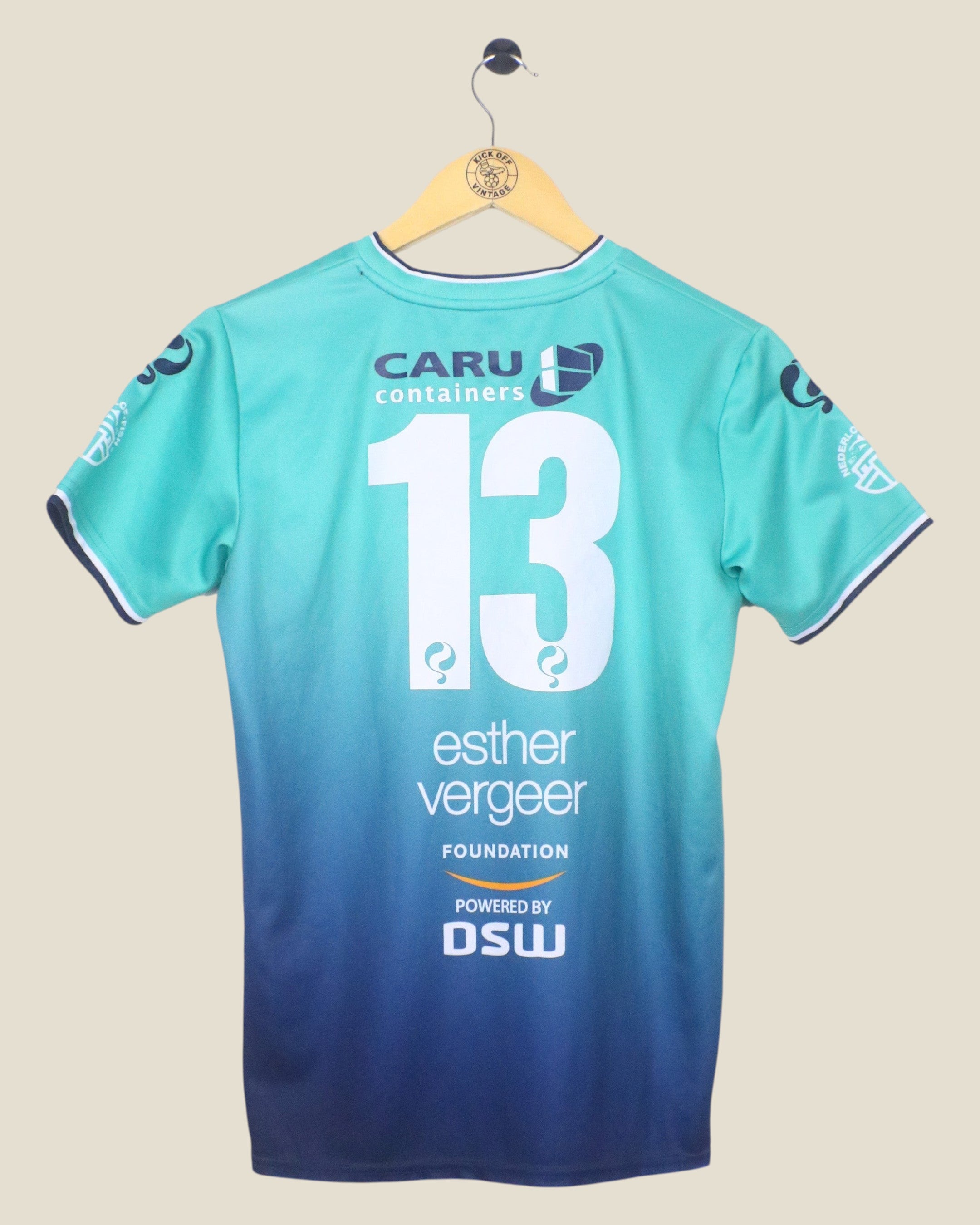 Kick Off Vintage Excelsior 2019/20 away football shirt in teal and blue gradient with number 13 and sponsor logos