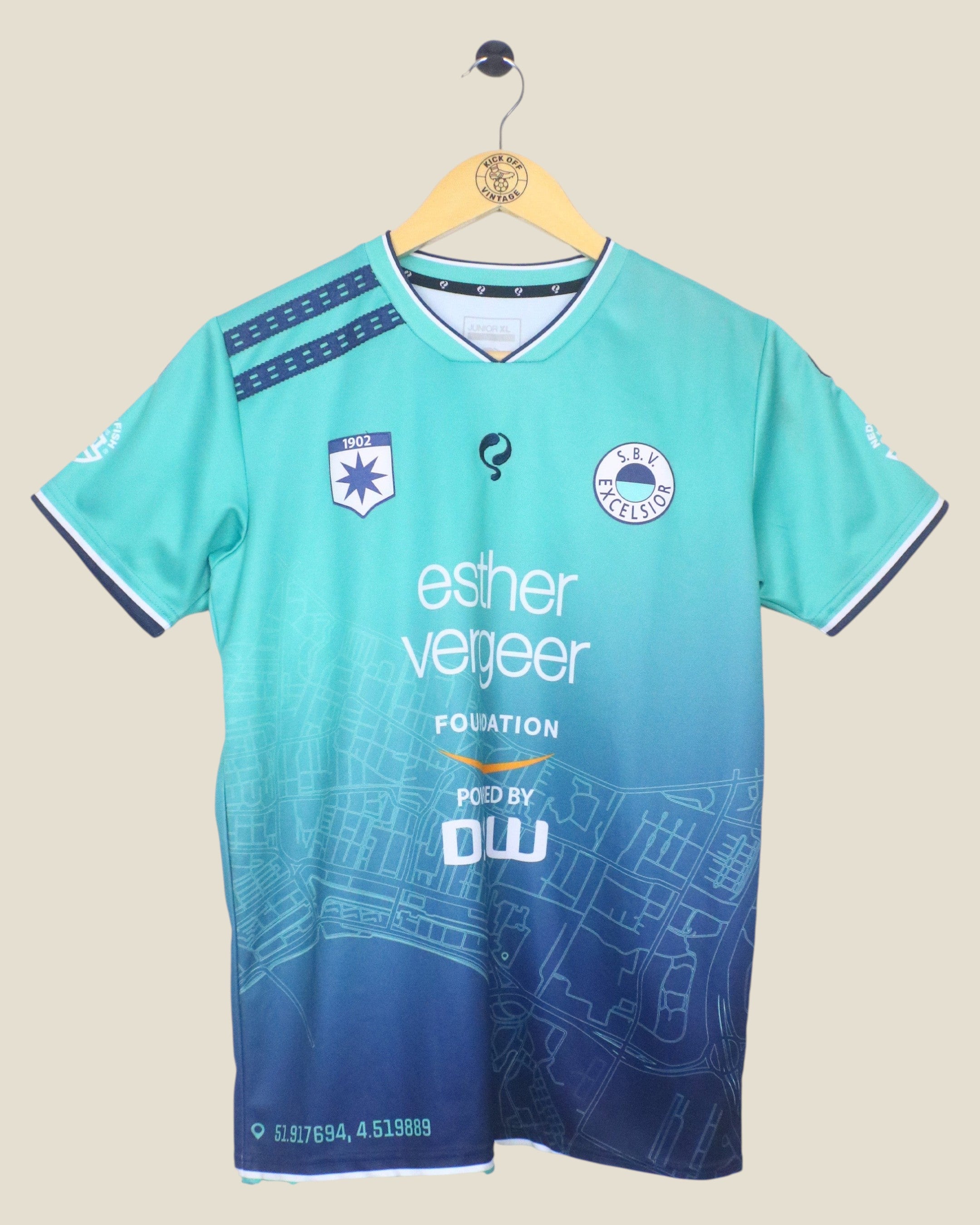 Kick Off Vintage Excelsior 2019/20 away football shirt in teal and blue gradient with map graphic and sponsor logos.