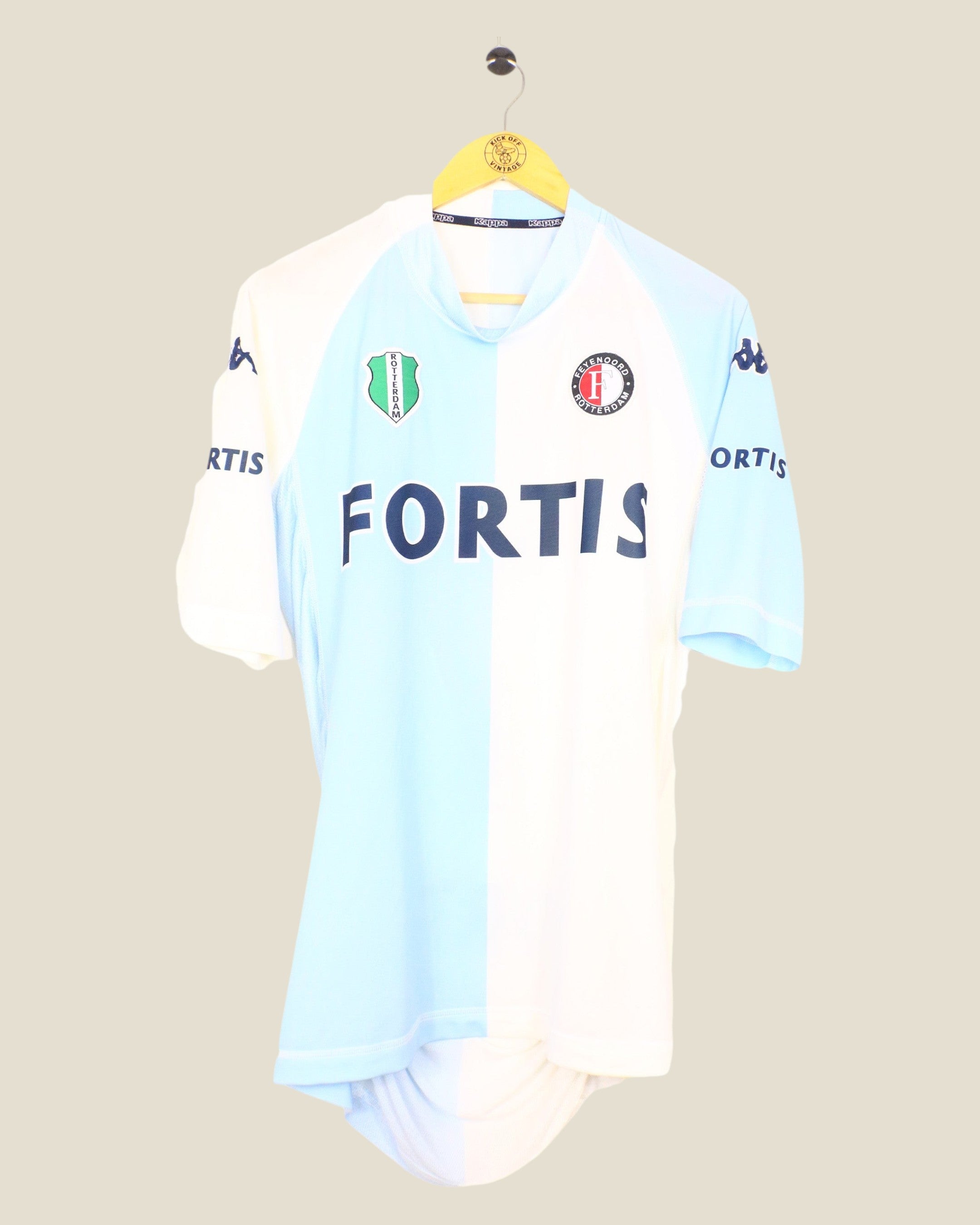 Kick Off Vintage Feyenoord 2004/05 away football shirt by Kappa in light blue and white with Kuyt player details.