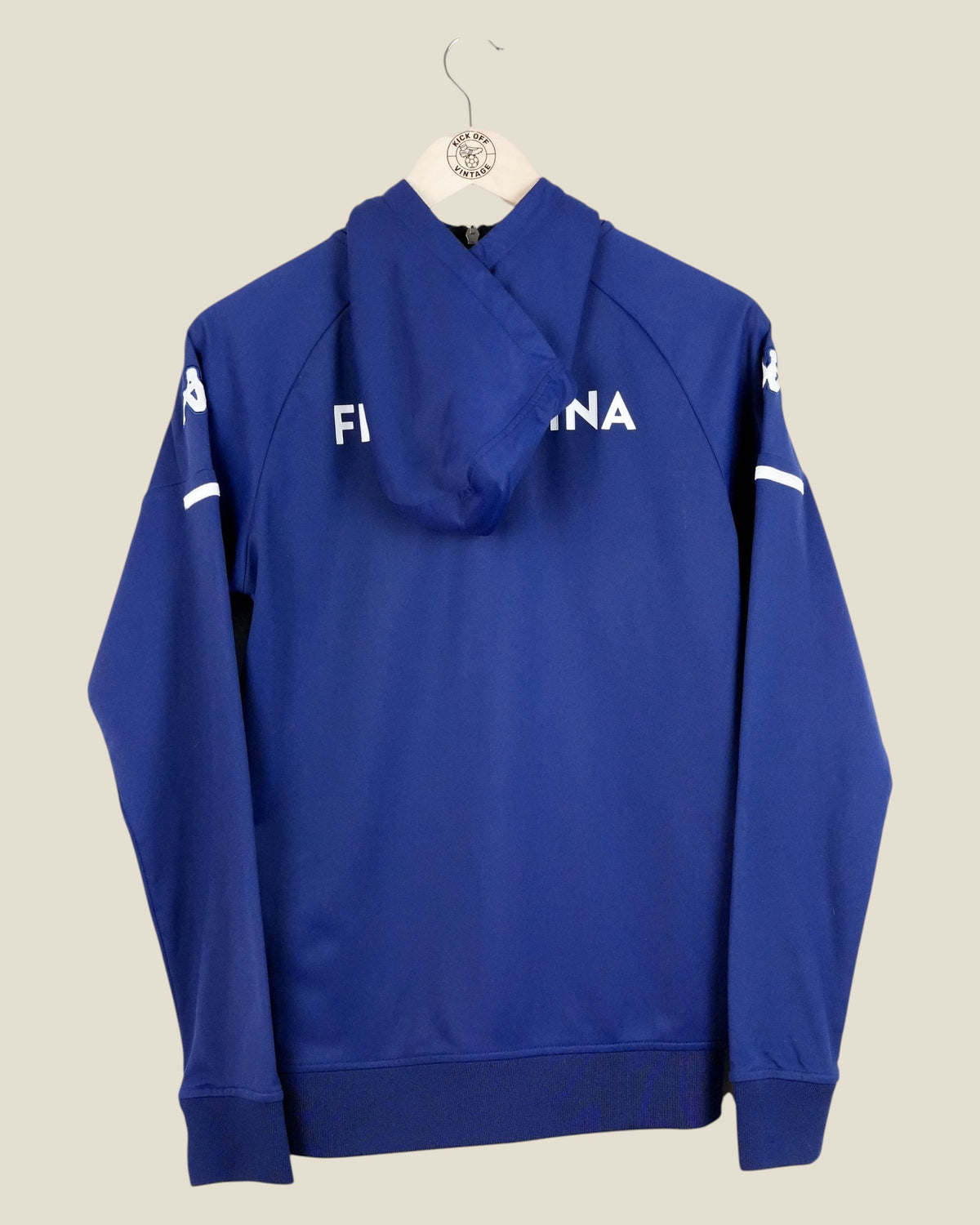 Kick Off Vintage Fiorentina 2020/21 blue hooded track jacket with white Kappa logo on sleeves, back view