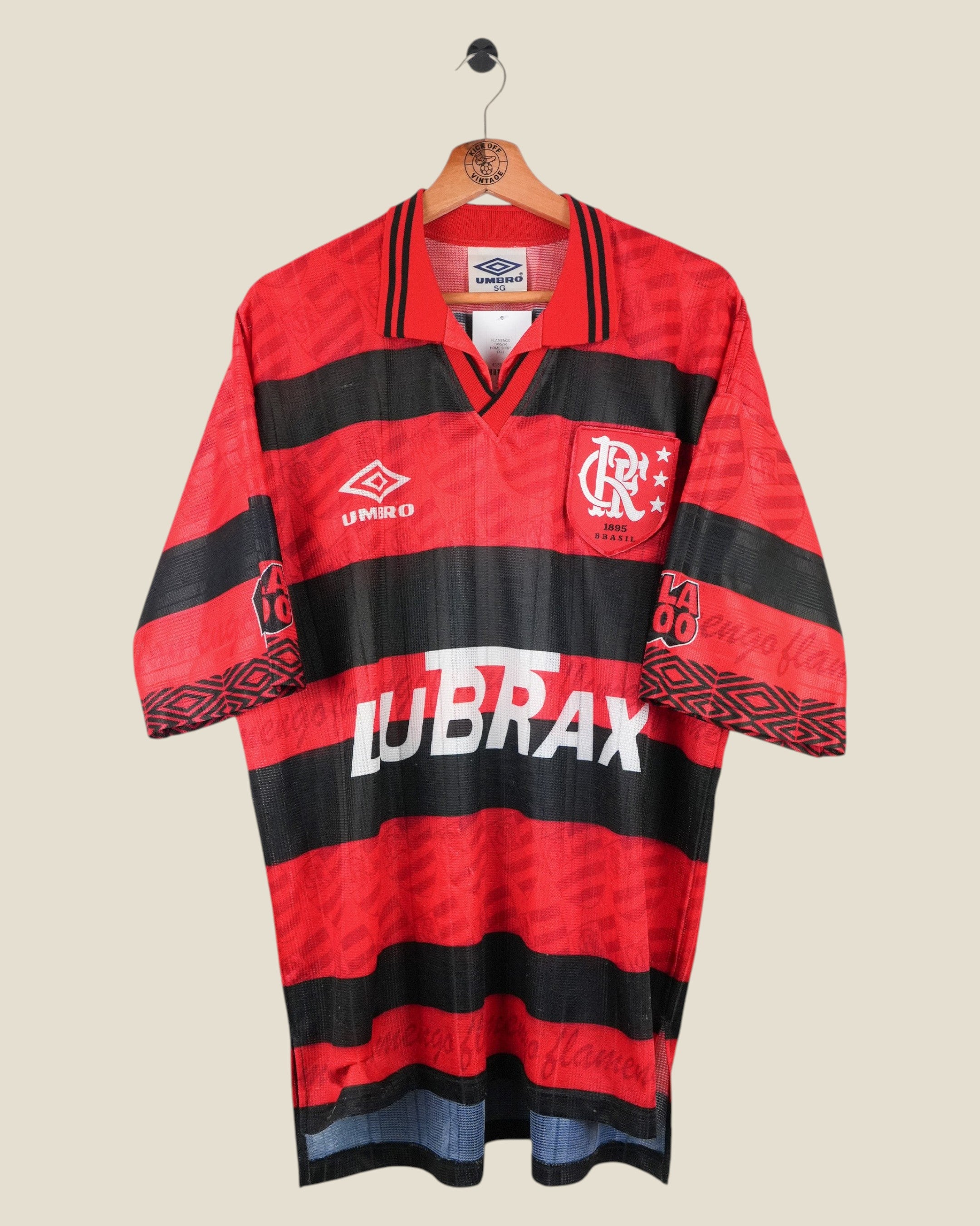 Kick Off Vintage 1995-96 Flamengo home football shirt in red and black with Umbro branding and Lubrax sponsor