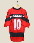 Kick Off Vintage 1999 Flamengo home football jersey featuring number 10 and Petrobras sponsor in red and black stripes