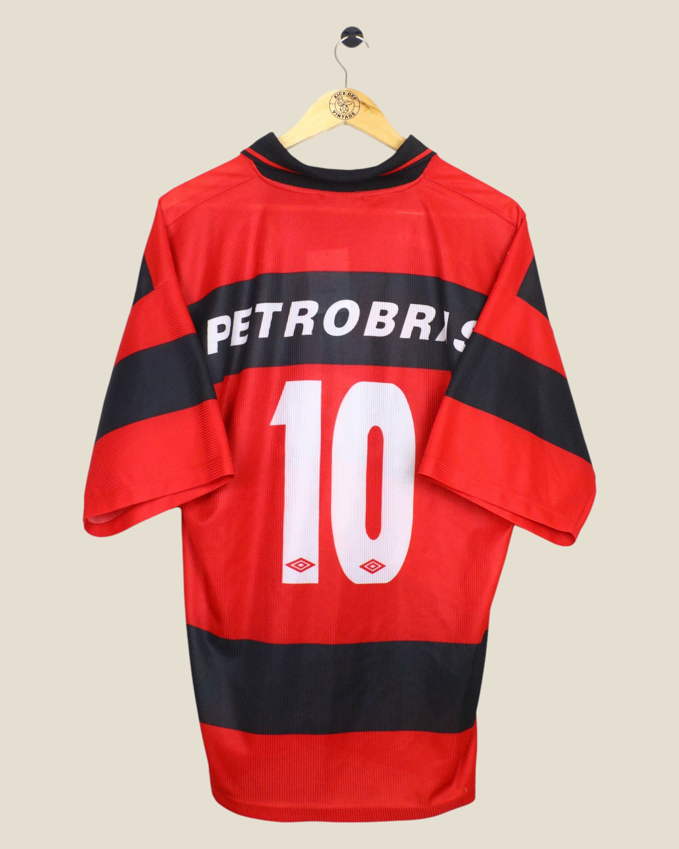 Kick Off Vintage 1999 Flamengo home football jersey featuring number 10 and Petrobras sponsor in red and black stripes