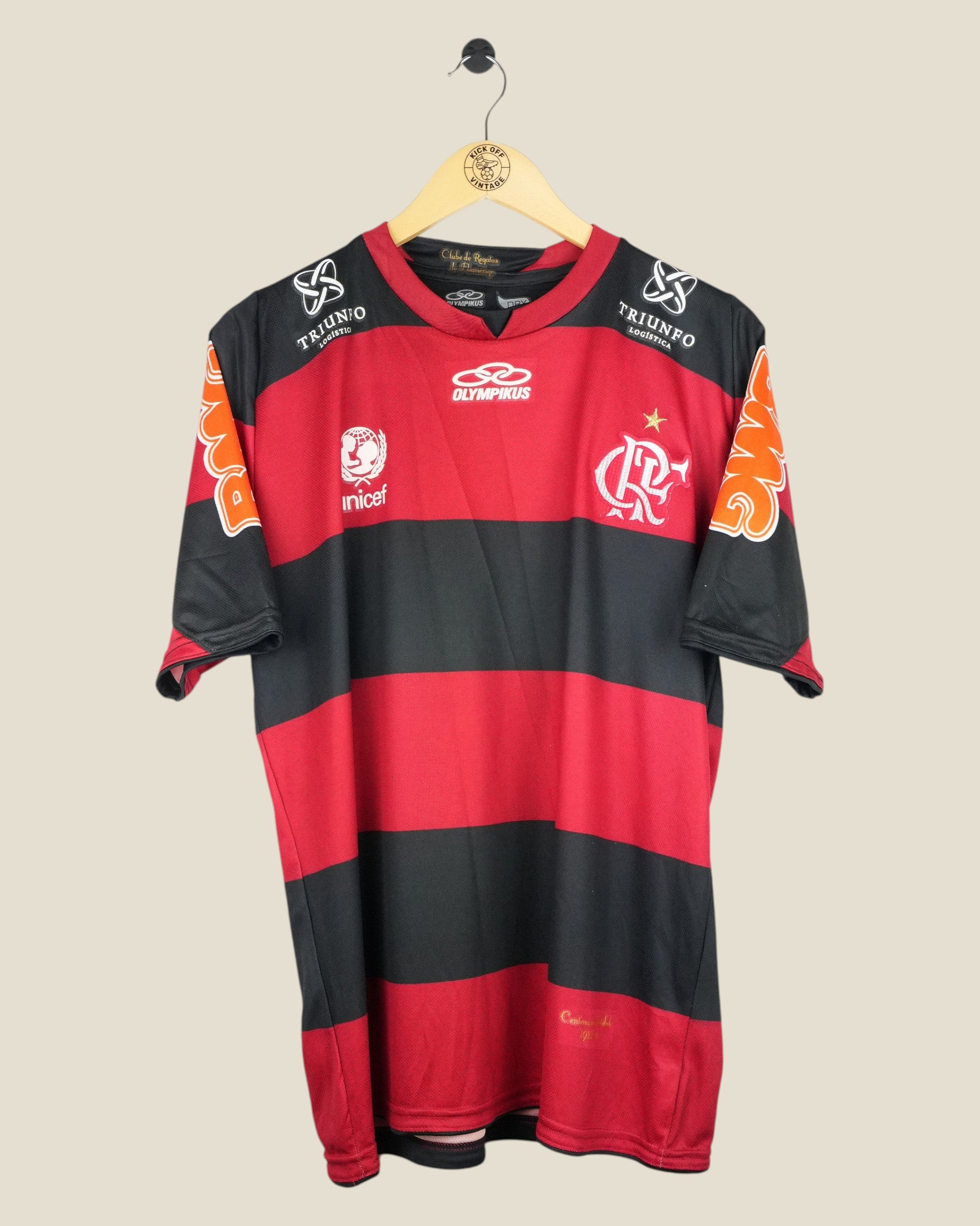 Kick Off Vintage Flamengo 2012/13 Adriano home football shirt in classic red and black striped design by Olympikus