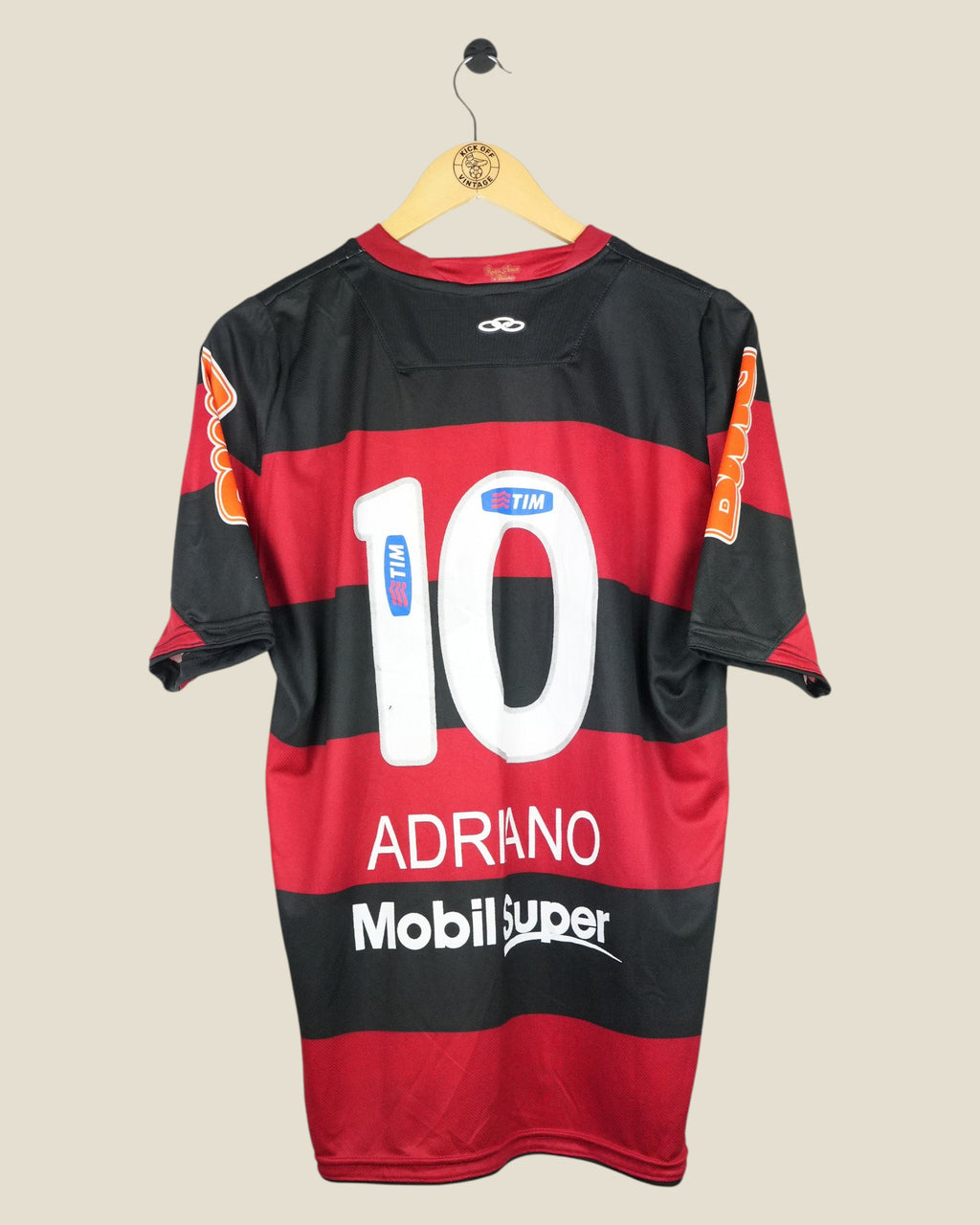 Kick Off Vintage Flamengo 2012/13 Adriano number 10 home football shirt in red and black with sponsor logos