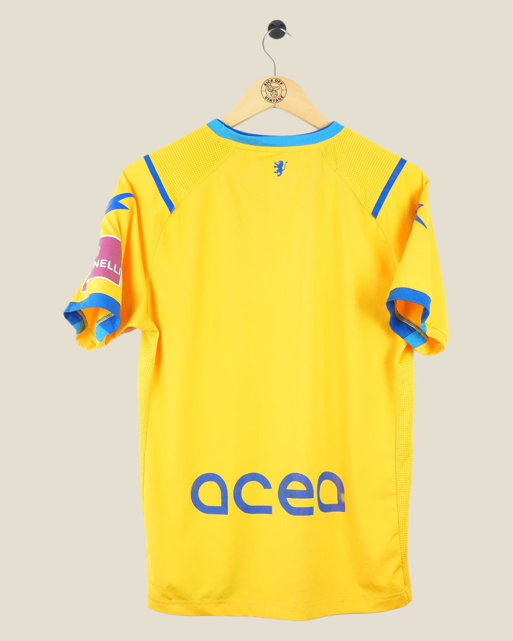 Kick Off Vintage Frosinone 2020/21 home football jersey in yellow with blue trim and Acea sponsor logo on back