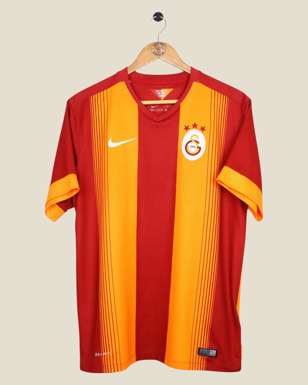 Kick Off Vintage Galatasaray 2014/15 home football jersey featuring red and yellow stripes and Nike branding.