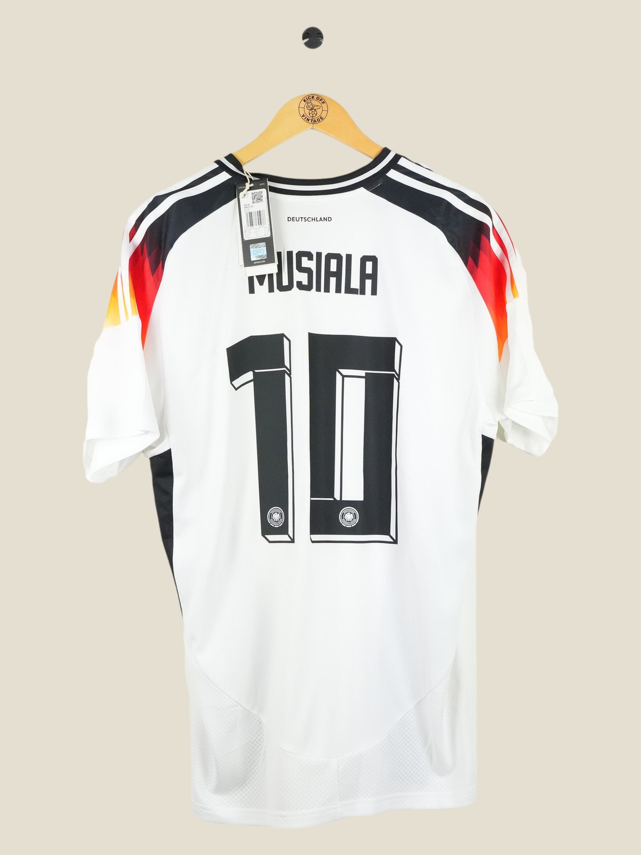 Kick Off Vintage Germany 2024 Musiala home football jersey in white with black and red accents, size small, new tags.