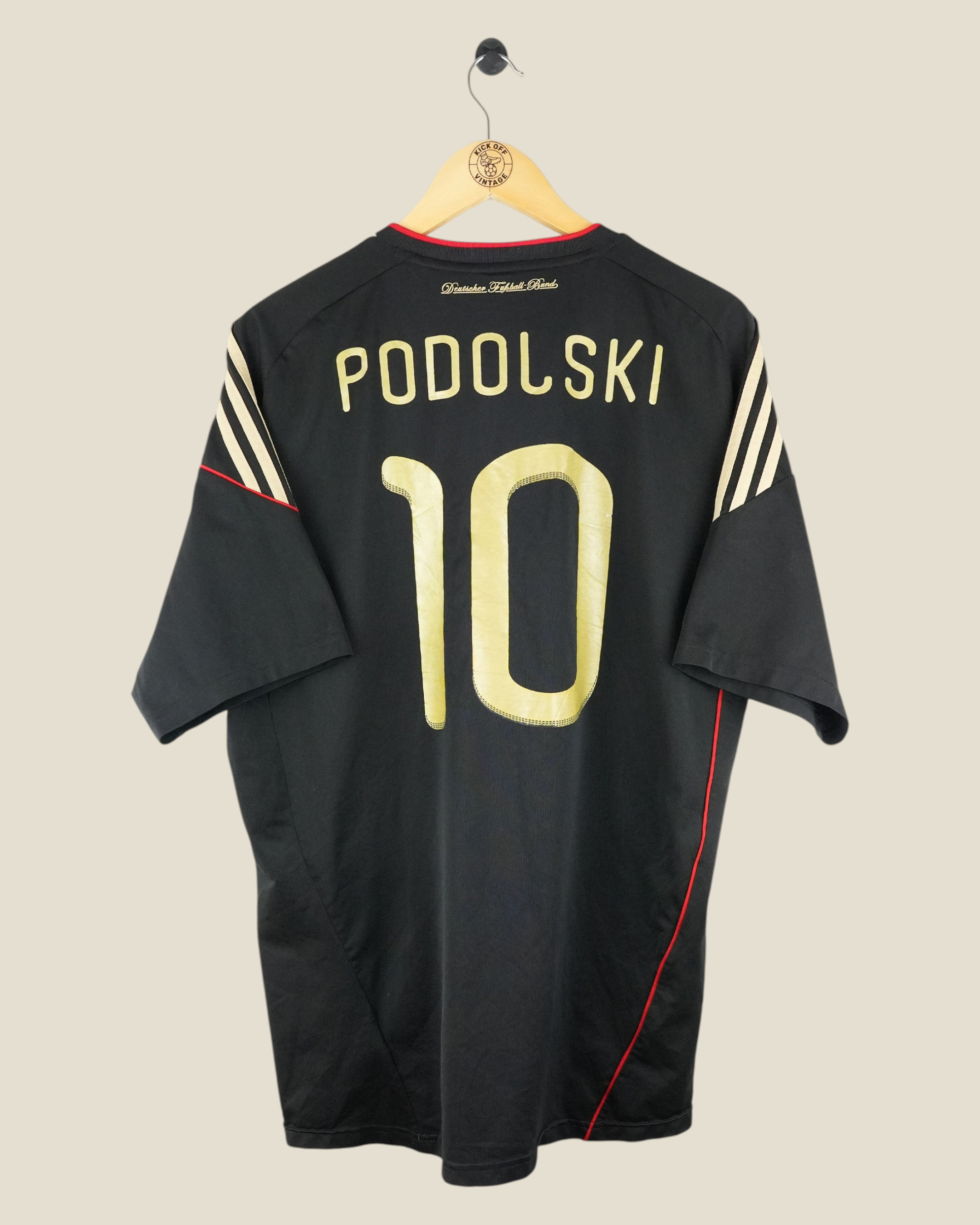 Kick Off Vintage Germany 2010 Podolski away football jersey in black with gold name and number 10 on the back