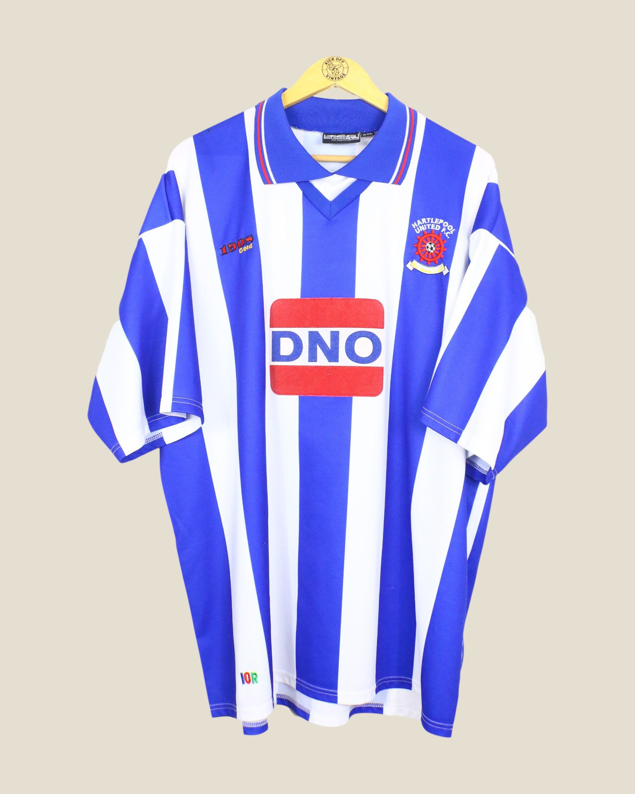 Kick Off Vintage Hartlepool 2000-02 home football shirt in blue and white stripes with DNO sponsor logo