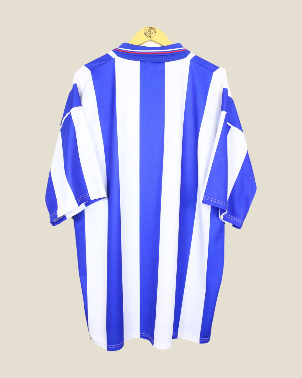 Kick Off Vintage Hartlepool 2000-02 home football shirt in blue and white vertical stripes, back view